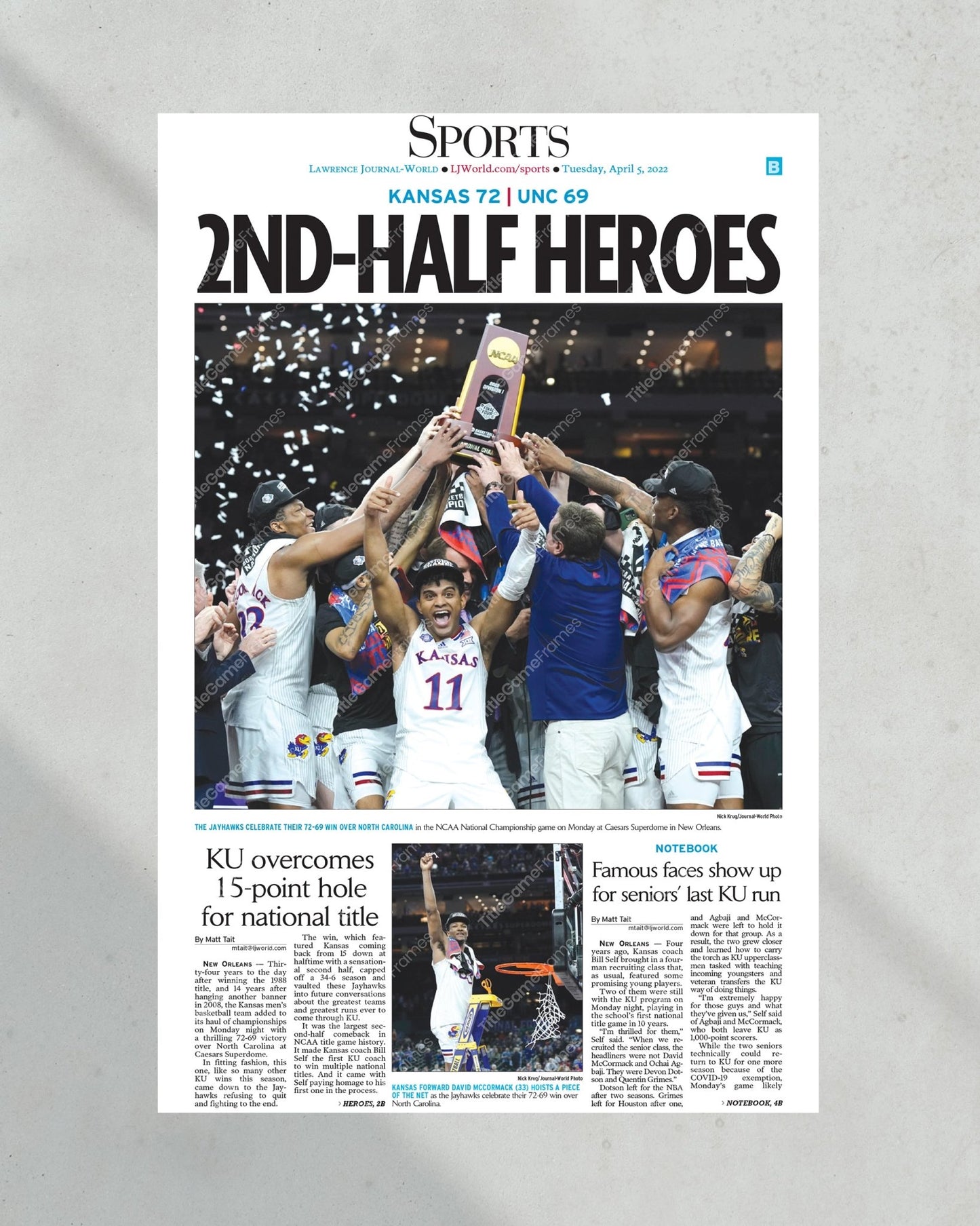 2022 Kansas Jayhawks NCAA Mens Basketball National Champions Framed Front Page Newspaper Print - Title Game Frames