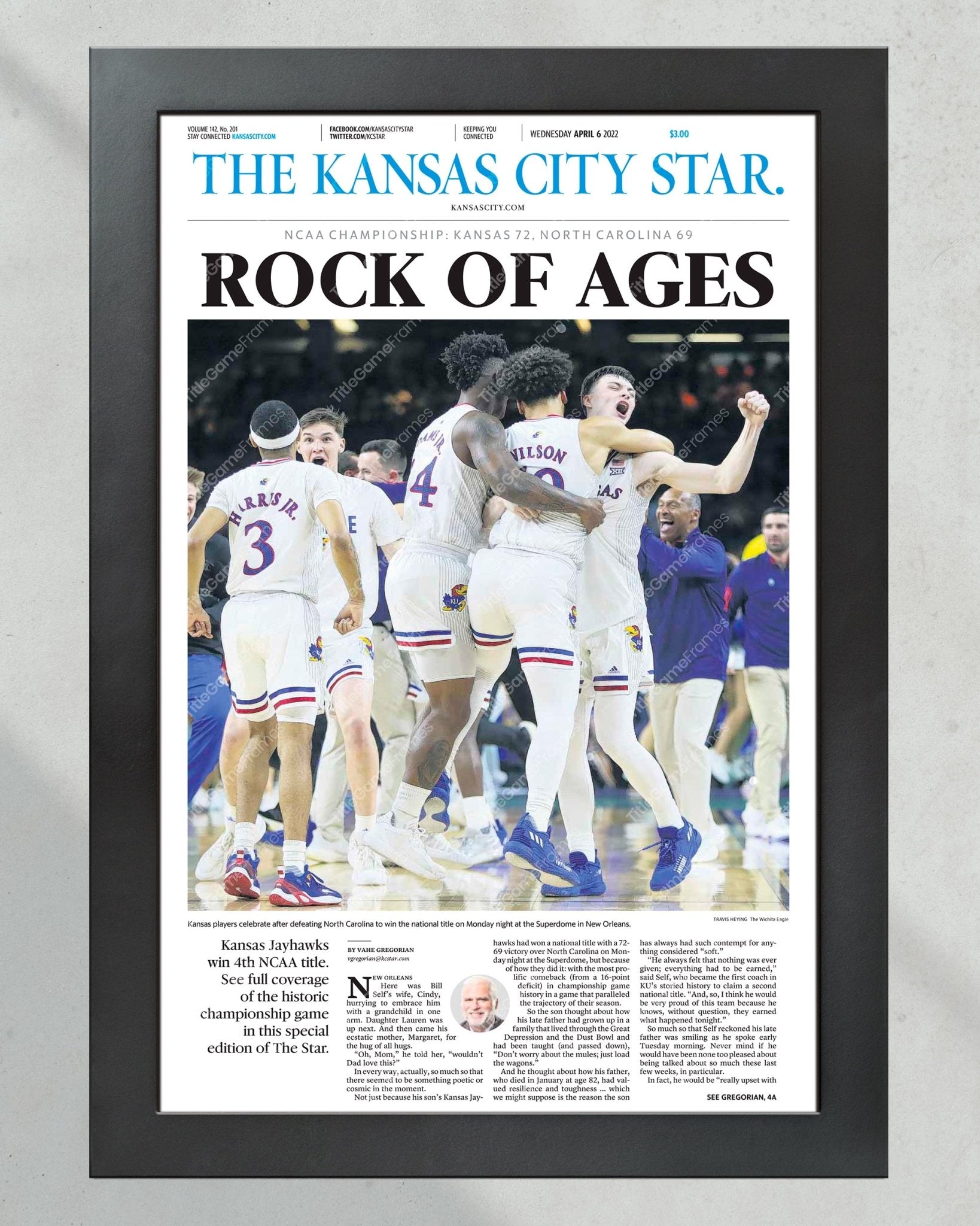 2022 Kansas Jayhawks “Rock of Ages” NCAA College Basketball Champions Framed Front Page Newspaper Print - Title Game Frames
