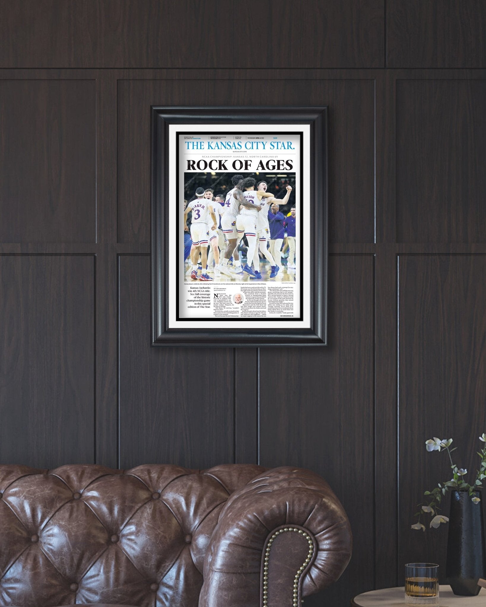 2022 Kansas Jayhawks “Rock of Ages” NCAA College Basketball Champions Framed Front Page Newspaper Print - Title Game Frames