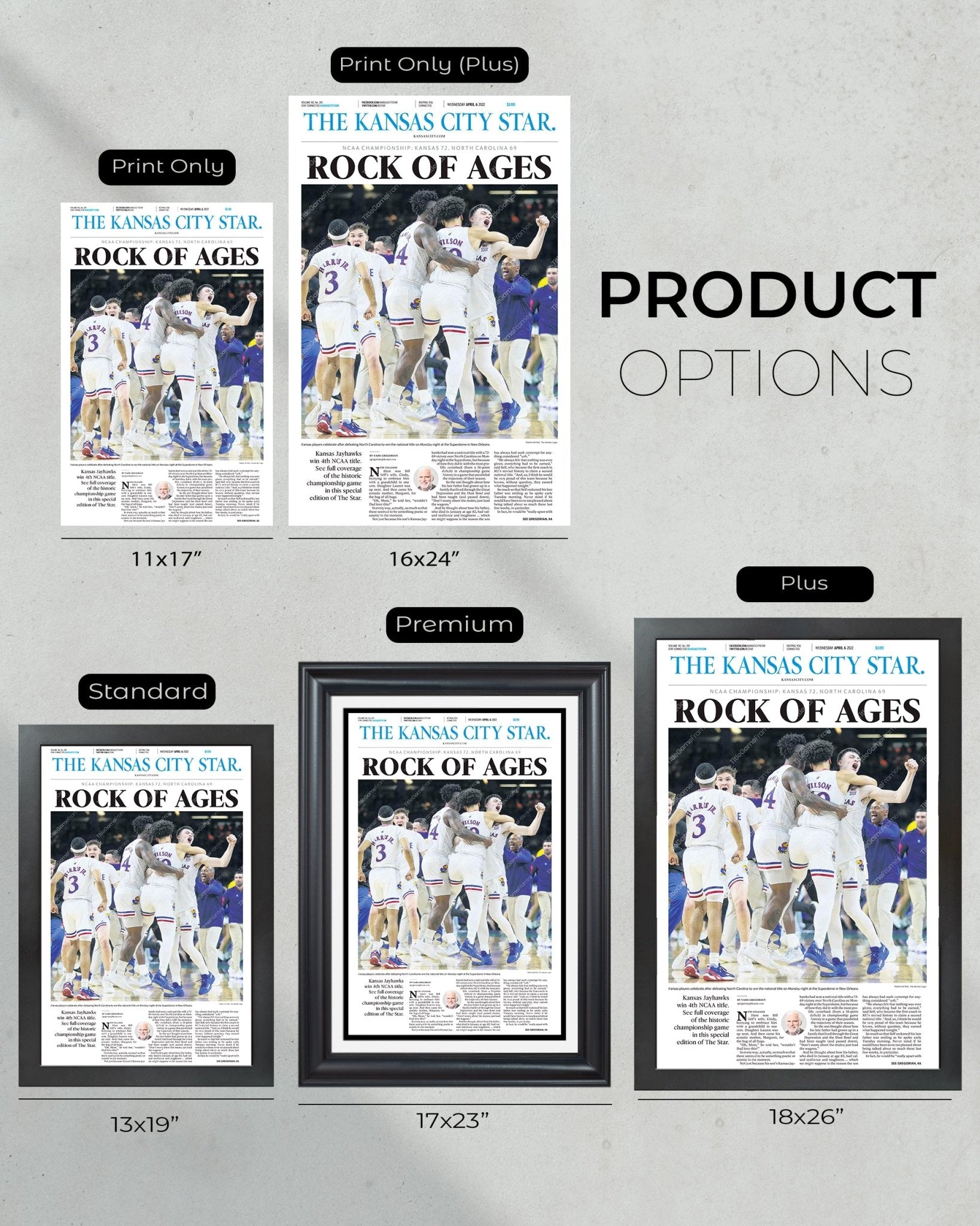 2022 Kansas Jayhawks “Rock of Ages” NCAA College Basketball Champions Framed Front Page Newspaper Print - Title Game Frames
