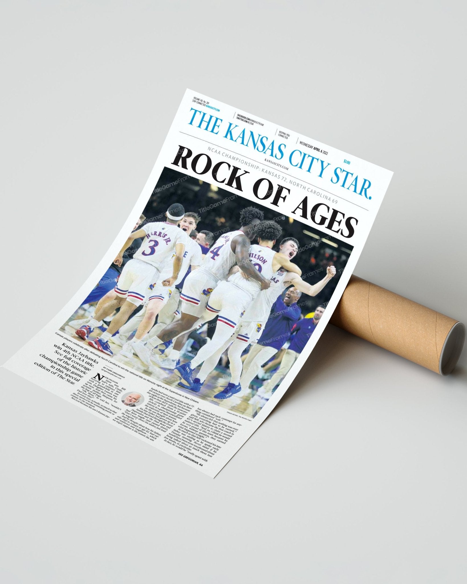 2022 Kansas Jayhawks “Rock of Ages” NCAA College Basketball Champions Framed Front Page Newspaper Print - Title Game Frames