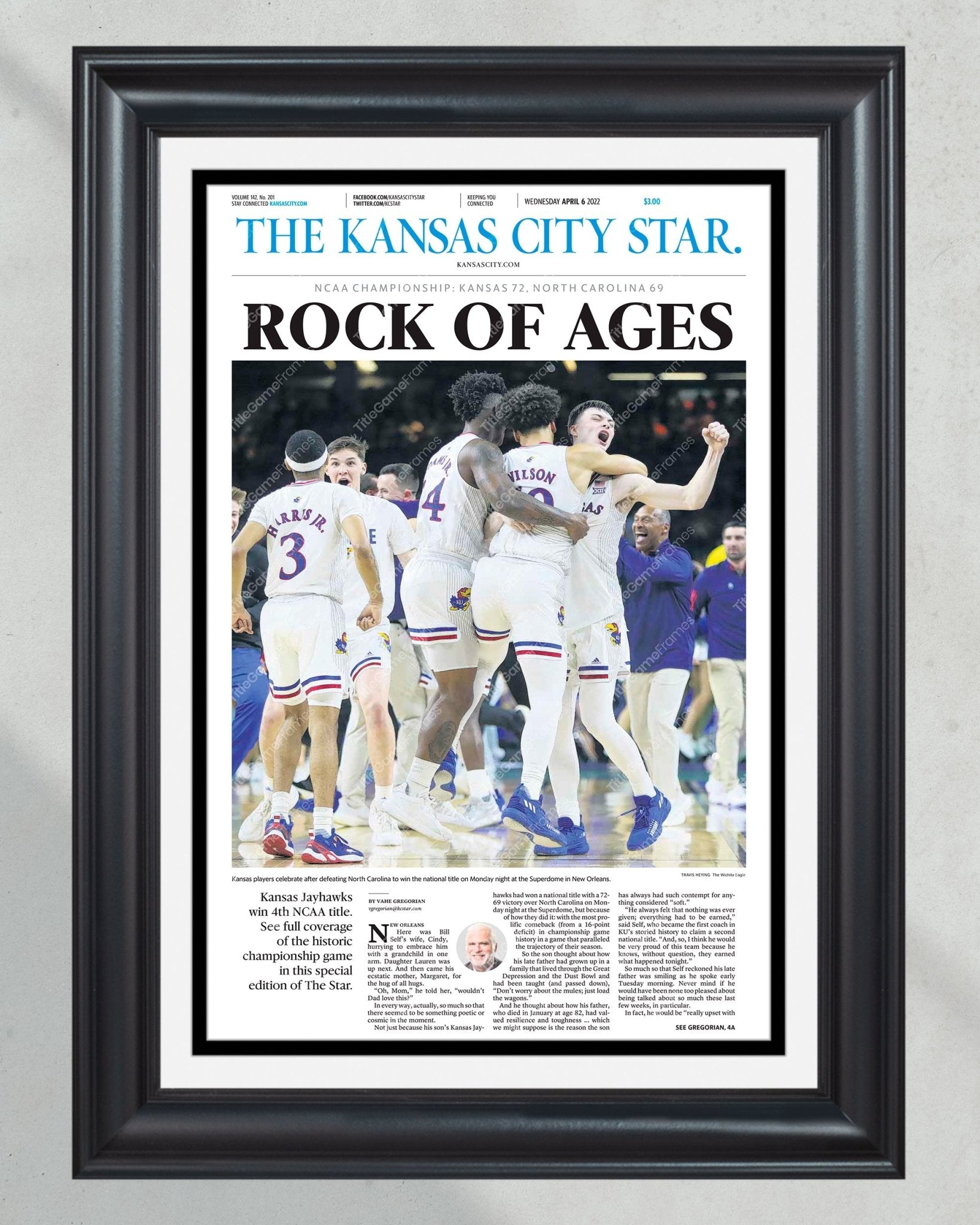 2022 Kansas Jayhawks “Rock of Ages” NCAA College Basketball Champions Framed Front Page Newspaper Print - Title Game Frames