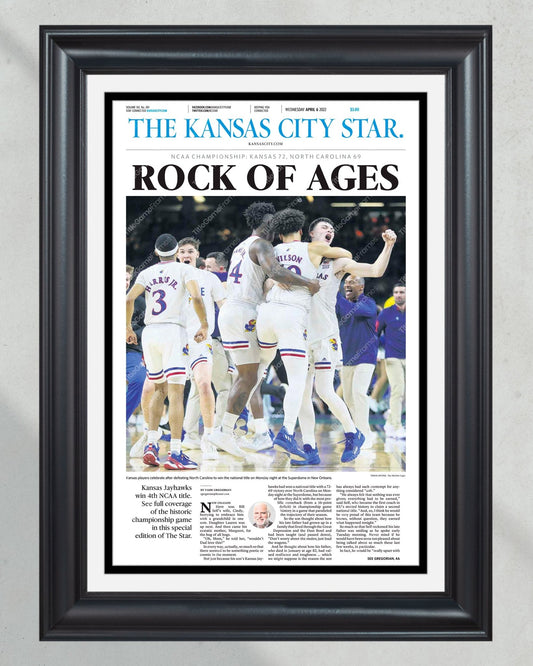 2022 Kansas Jayhawks “Rock of Ages” NCAA College Basketball Champions Framed Front Page Newspaper Print - Title Game Frames