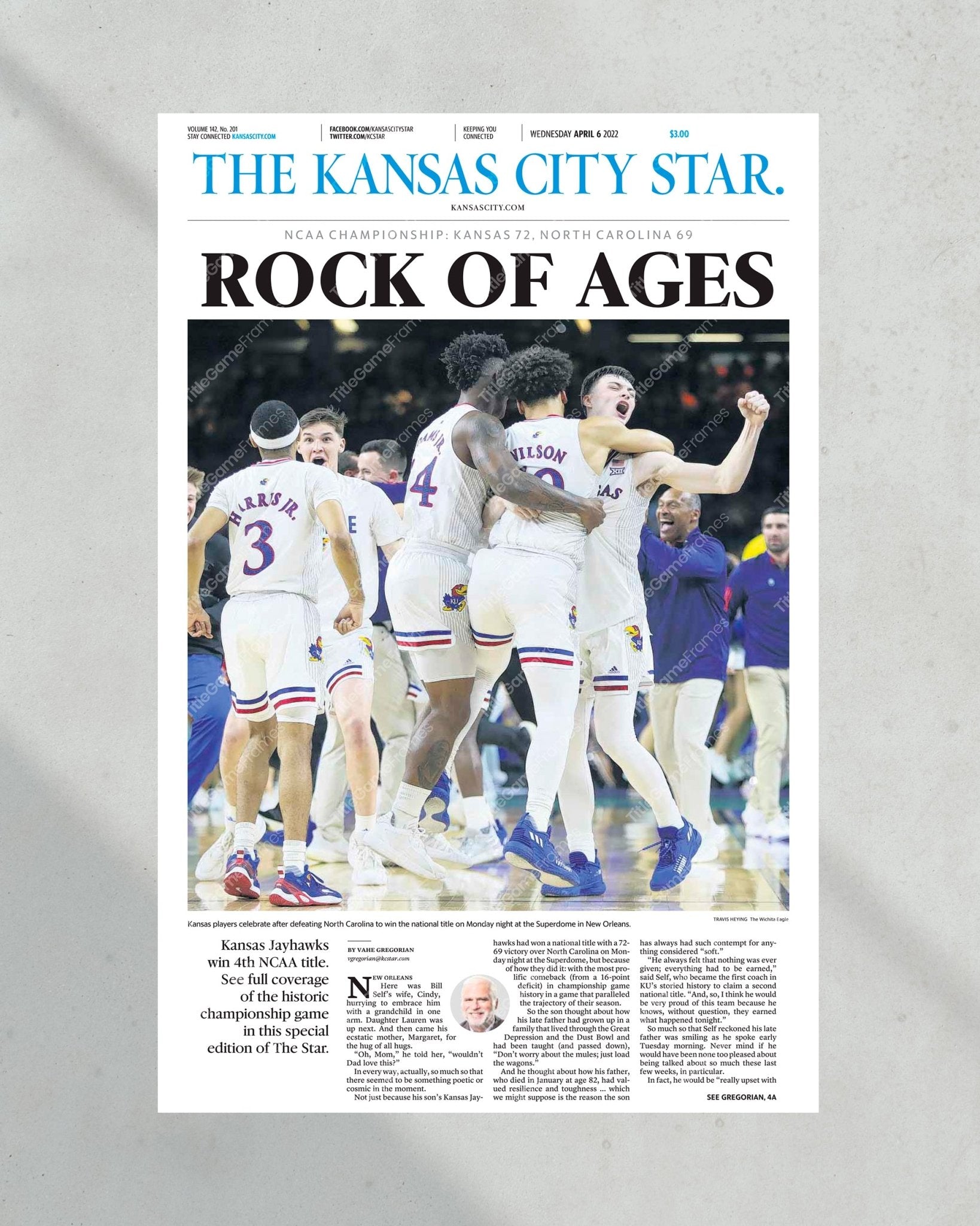 2022 Kansas Jayhawks “Rock of Ages” NCAA College Basketball Champions Framed Front Page Newspaper Print - Title Game Frames