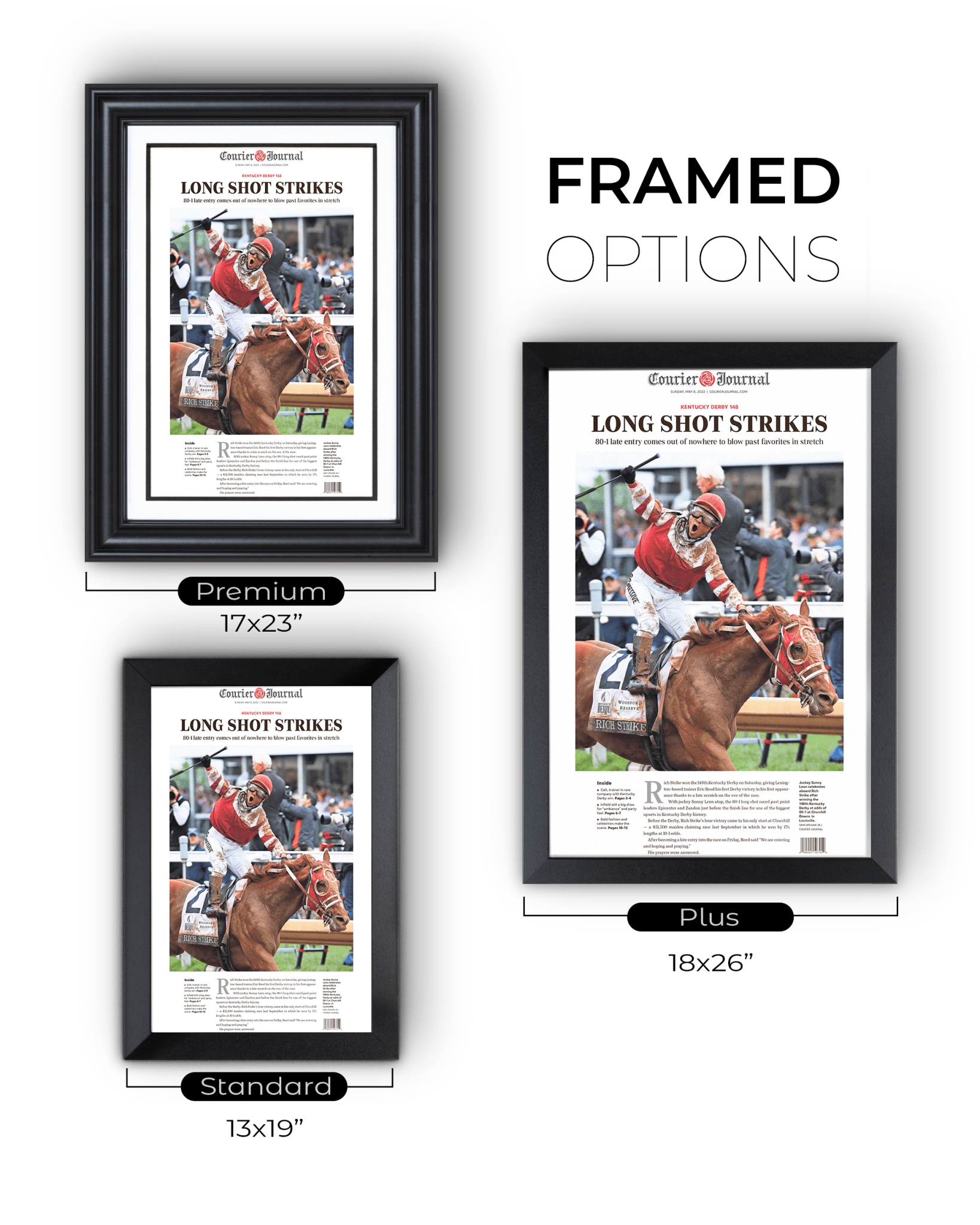 2022 Kentucky Derby “LONG SHOT STRIKES” 80 - 1 Odds Rich Strike Winning Horse Framed Newspaper - TitleGameFrames.com