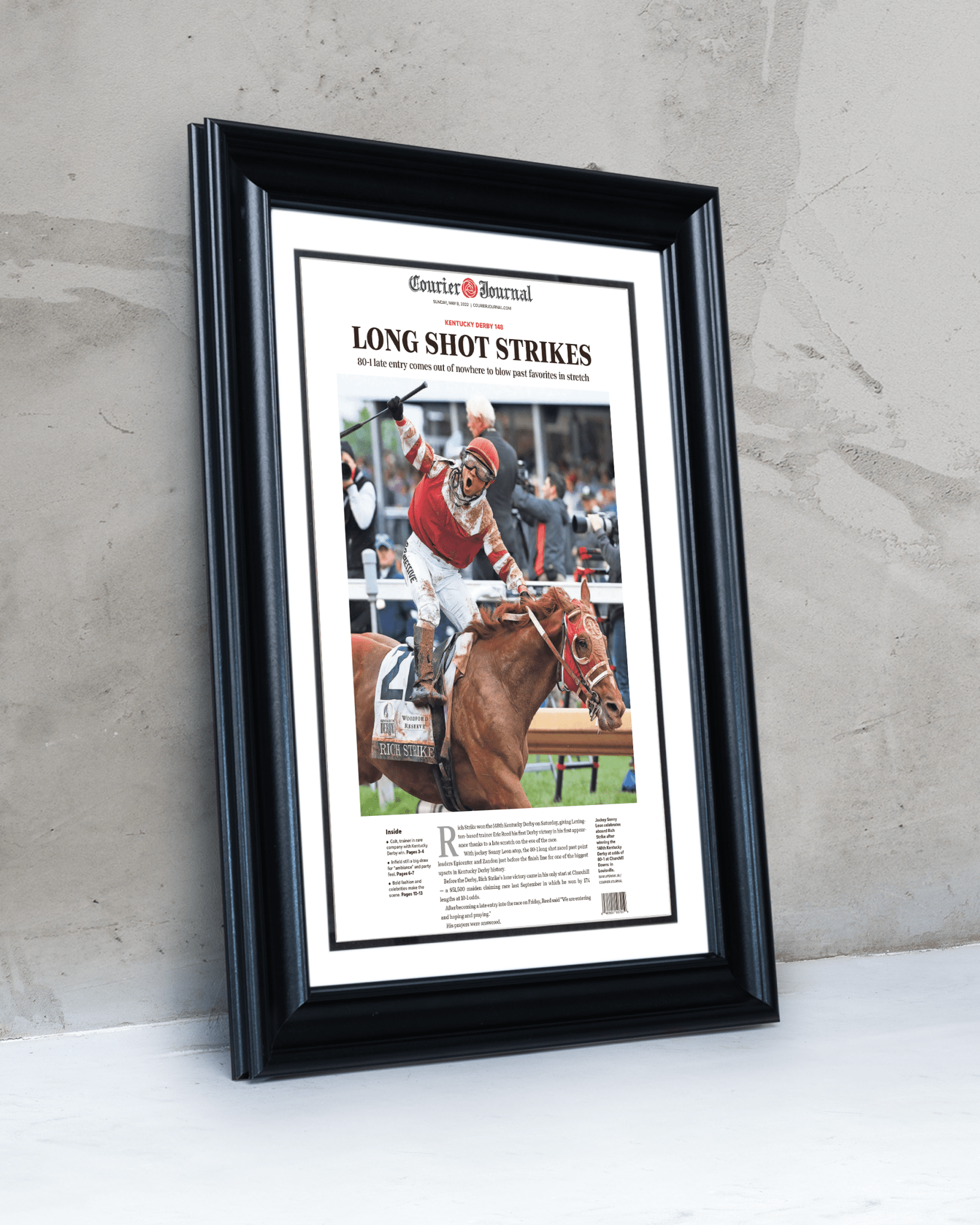 2022 Kentucky Derby “LONG SHOT STRIKES” 80 - 1 Odds Rich Strike Winning Horse Framed Newspaper - TitleGameFrames.com