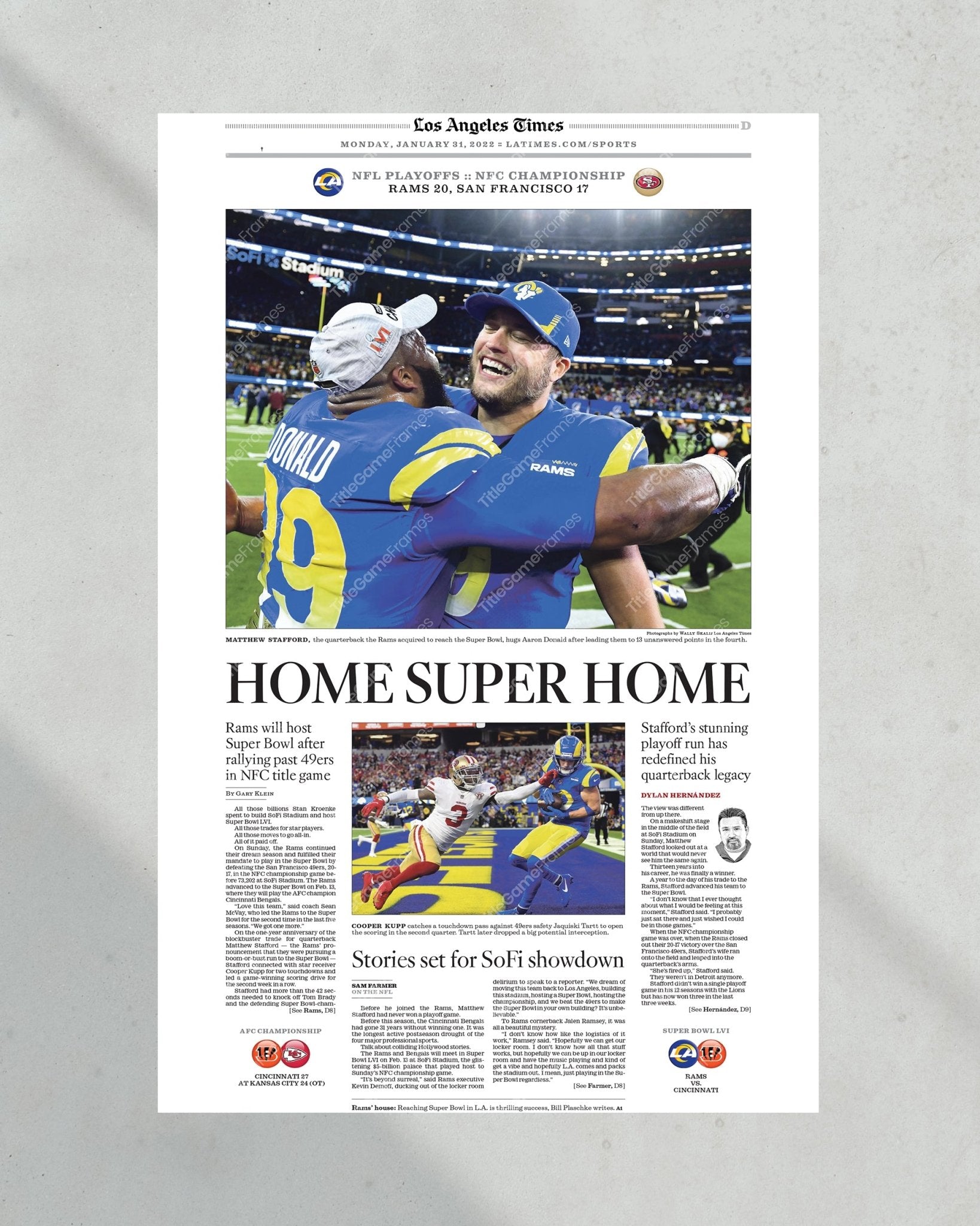 2022 LA Rams NFC Champions Framed Front Page Newspaper Print - Title Game Frames