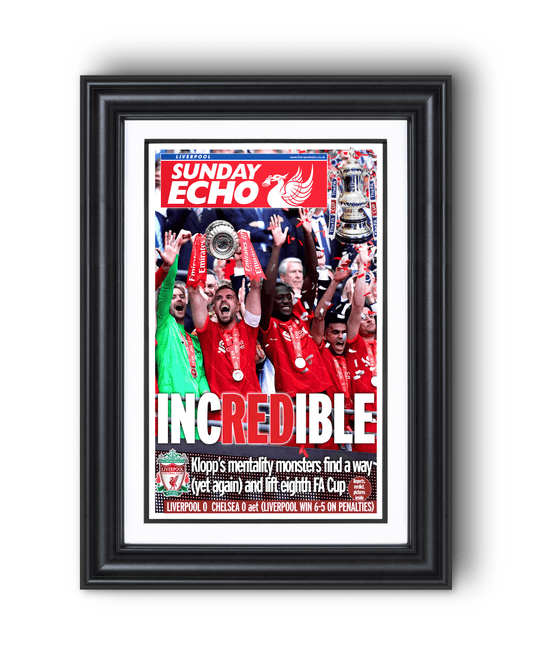 2022 Liverpool FC "INCREDIBLE" Domestic Double FA Cup Triumph Framed Newspaper - TitleGameFrames.com