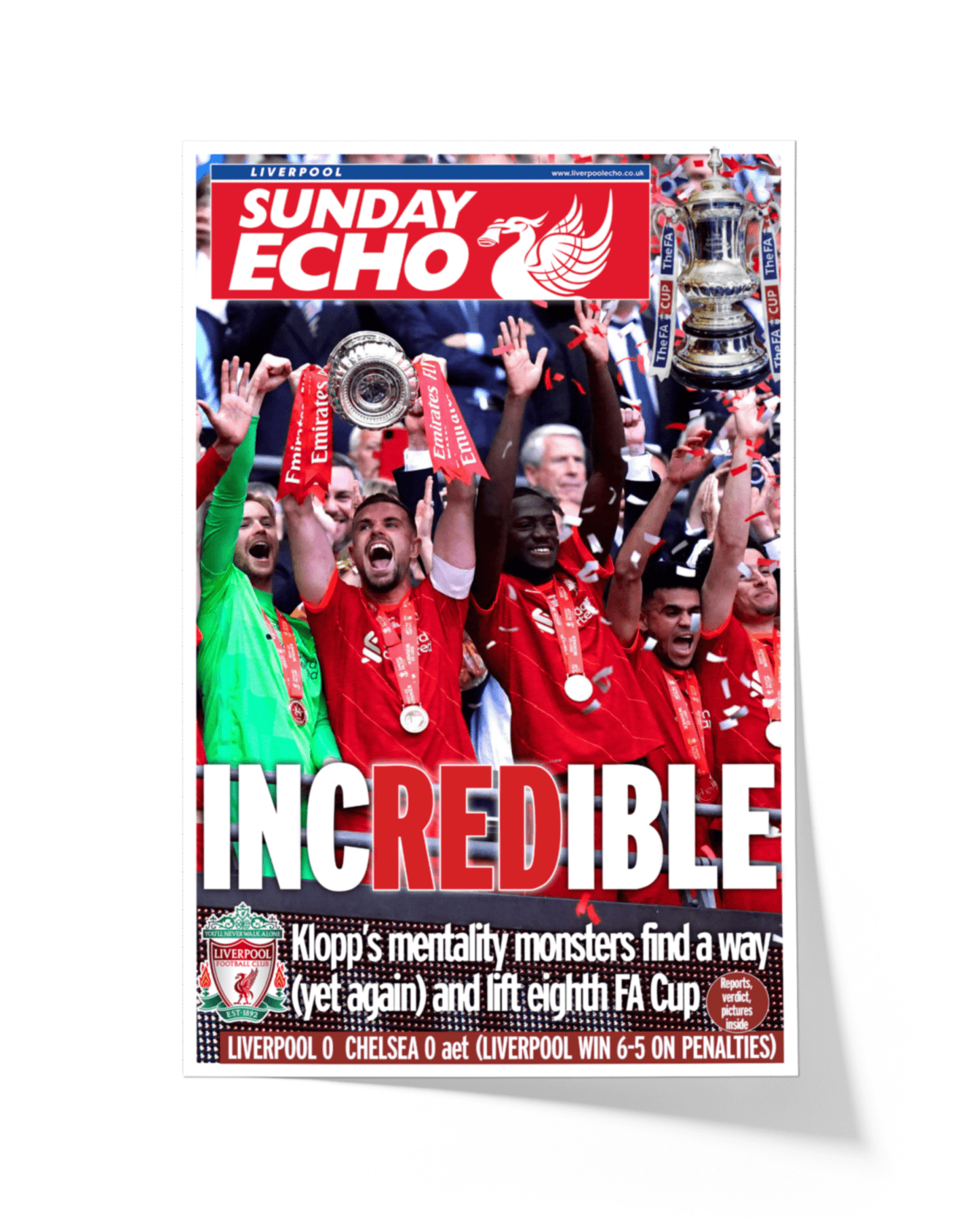 2022 Liverpool FC "INCREDIBLE" Domestic Double FA Cup Triumph Framed Newspaper - TitleGameFrames.com