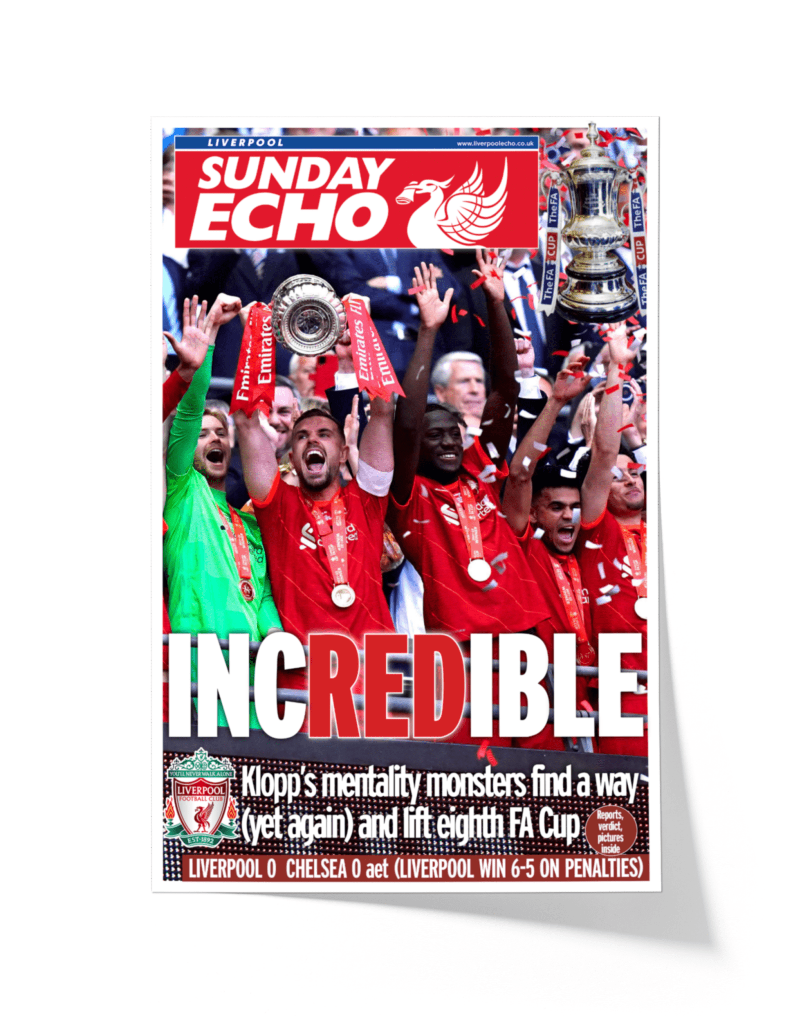 2022 Liverpool FC "INCREDIBLE" Domestic Double FA Cup Triumph Framed Newspaper - TitleGameFrames.com