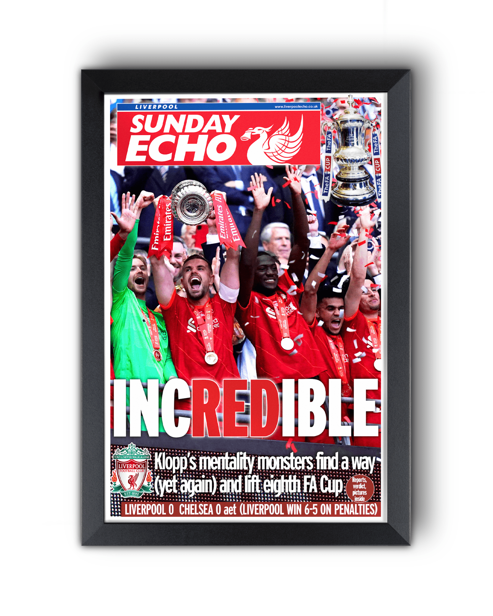 2022 Liverpool FC "INCREDIBLE" Domestic Double FA Cup Triumph Framed Newspaper - TitleGameFrames.com