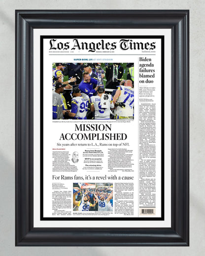 2022 Los Angeles Rams Super Bowl LVI Framed Front Page Newspaper Print Cover SoFi Stadium - Title Game Frames
