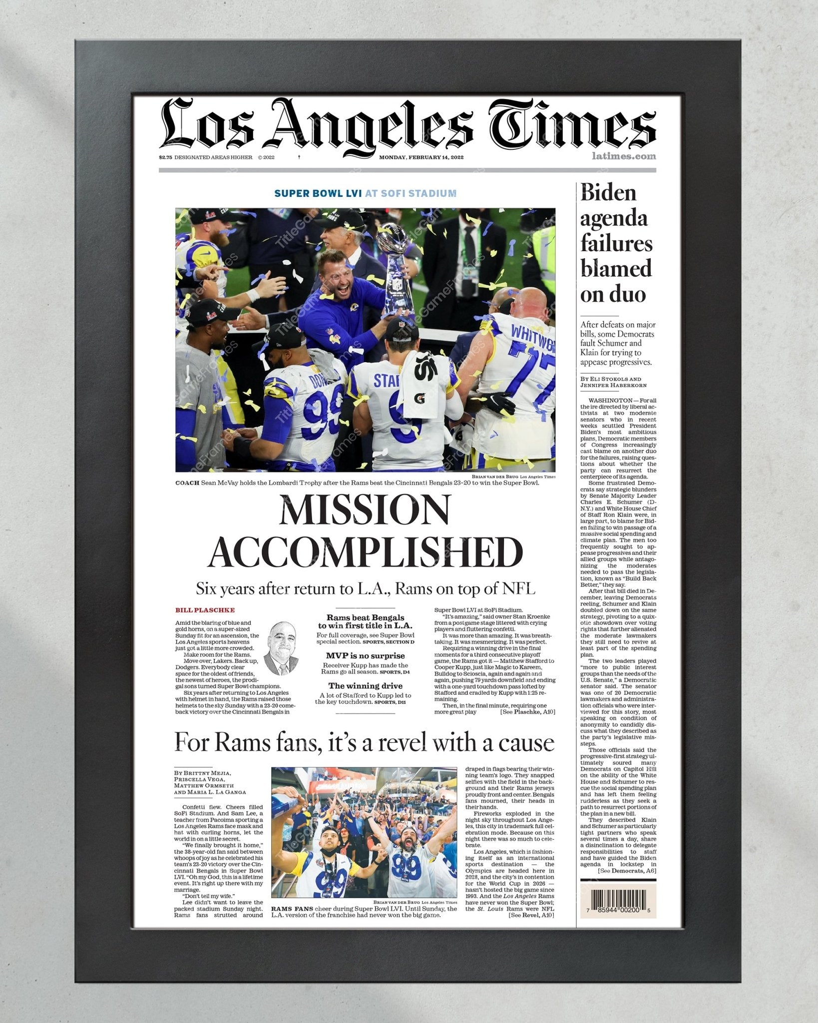 2022 Los Angeles Rams Super Bowl LVI Framed Front Page Newspaper Print Cover SoFi Stadium - Title Game Frames
