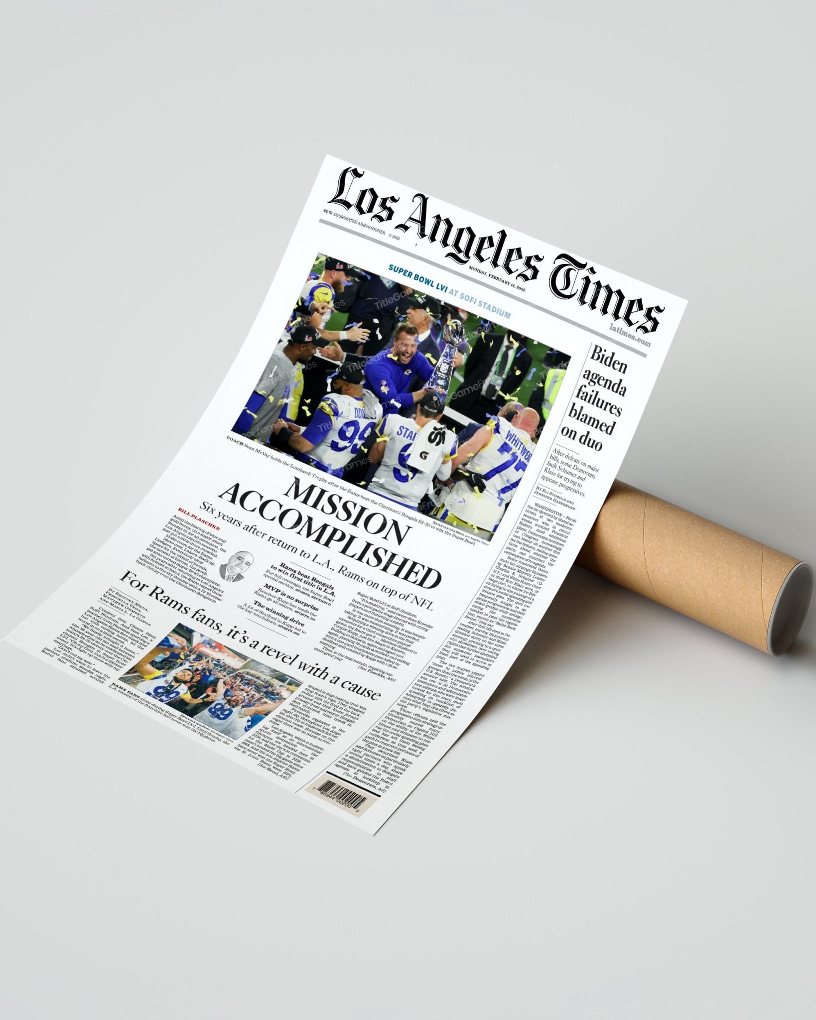 2022 Los Angeles Rams Super Bowl LVI Framed Front Page Newspaper Print Cover SoFi Stadium - Title Game Frames