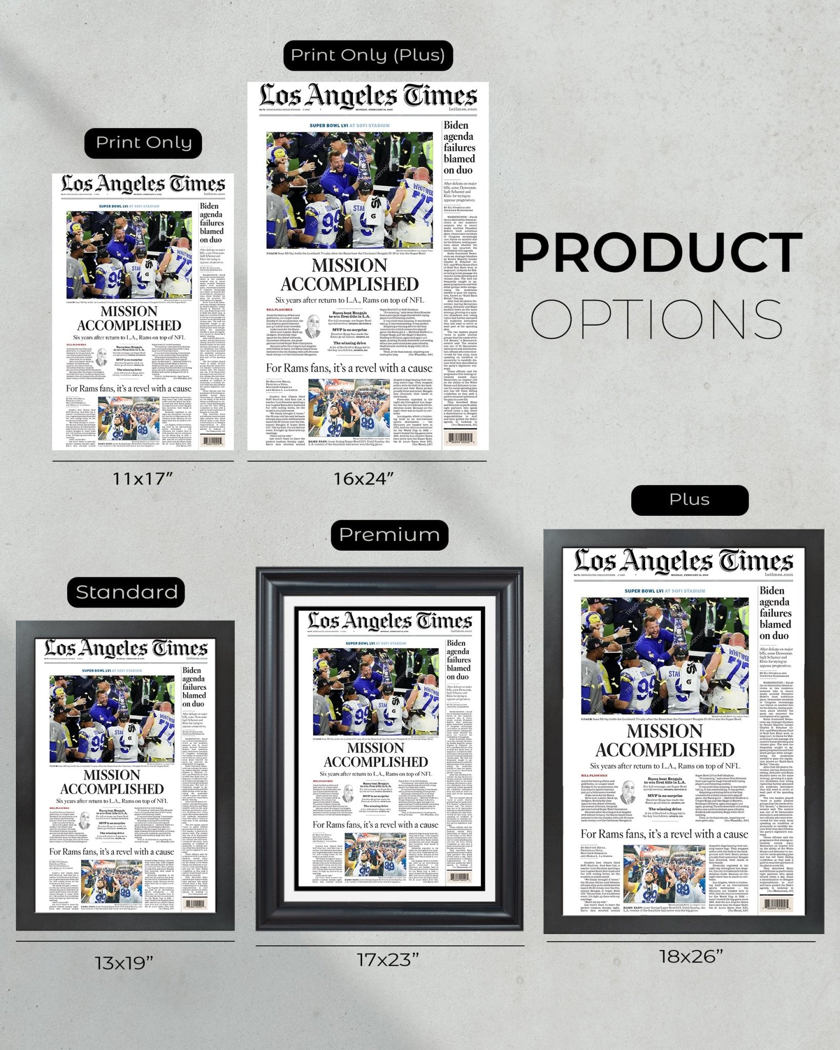 2022 Los Angeles Rams Super Bowl LVI Framed Front Page Newspaper Print Cover SoFi Stadium - Title Game Frames