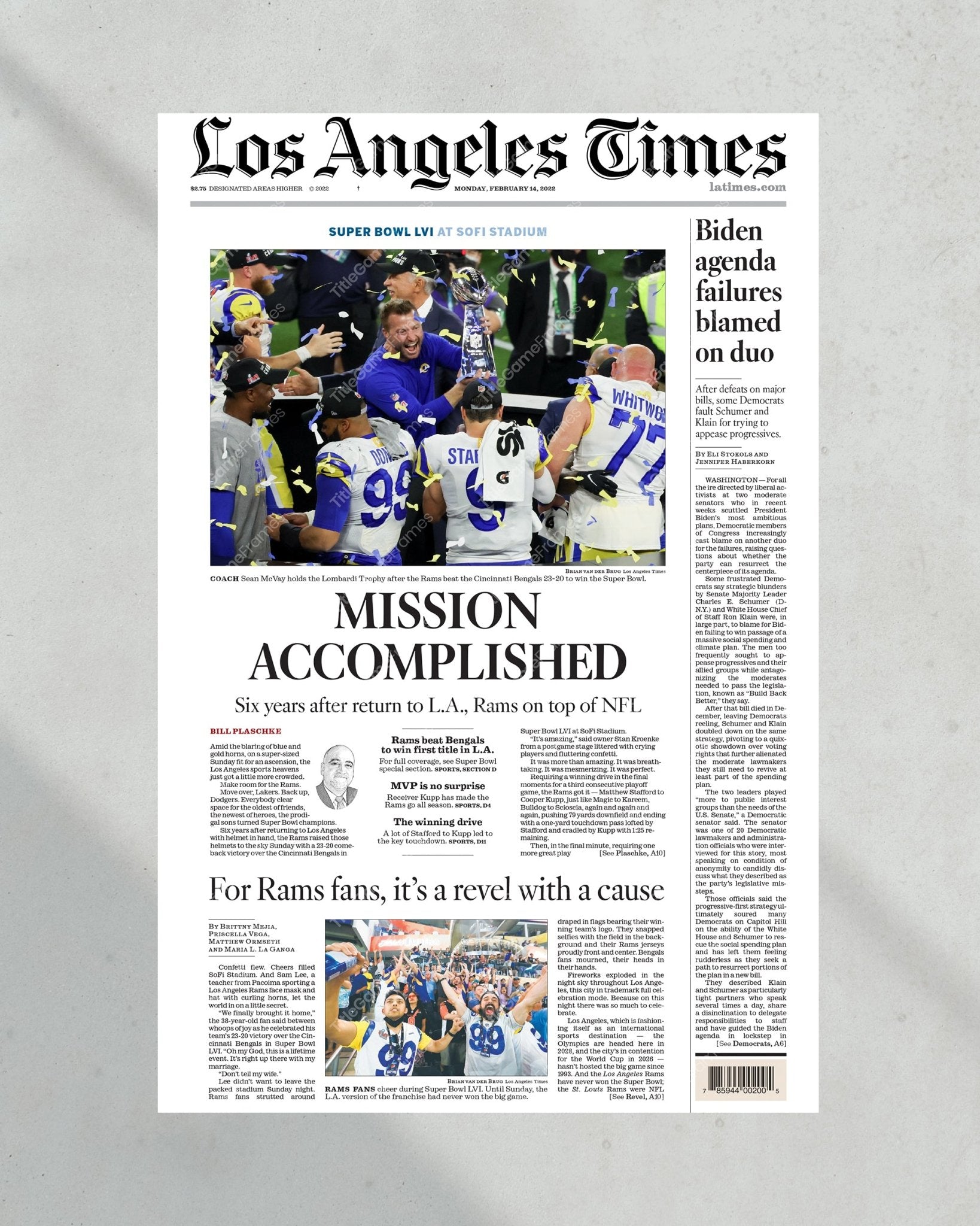 2022 Los Angeles Rams Super Bowl LVI Framed Front Page Newspaper Print Cover SoFi Stadium - Title Game Frames