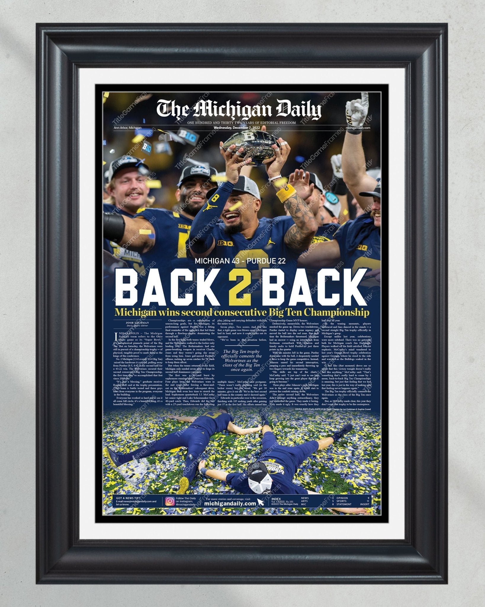 2022 Michigan Wolverines Big Ten Championship: 'Back - 2 - Back' - Framed Newspaper Print - TitleGameFrames.com