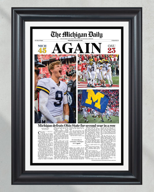 2022 Michigan Wolverines Defeat Ohio State: 'AGAIN' - Framed Newspaper Print - TitleGameFrames.com