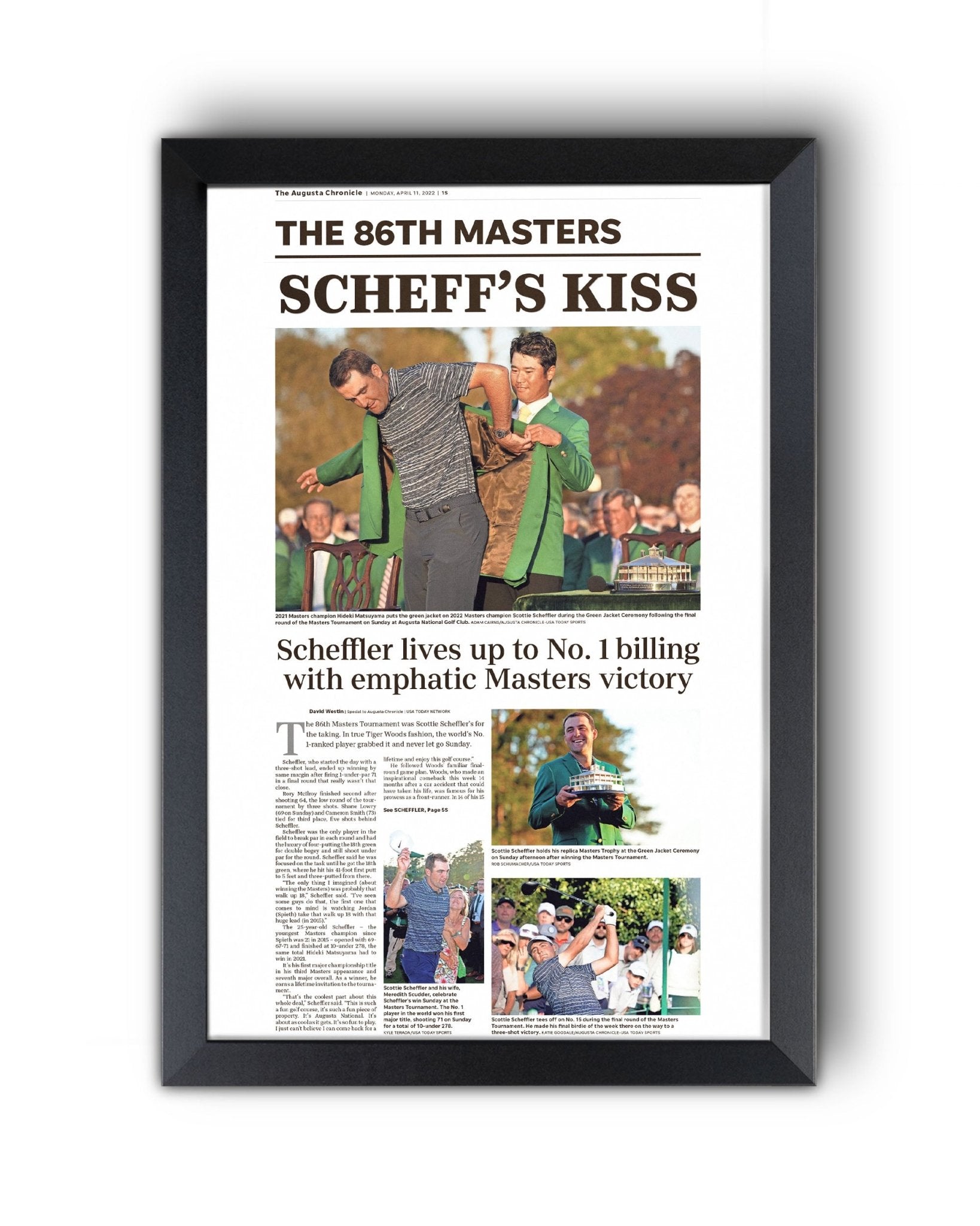 2022 Scottie Scheffler Masters Champion 'Scheff's Kiss' Framed Newspaper - TitleGameFrames.com
