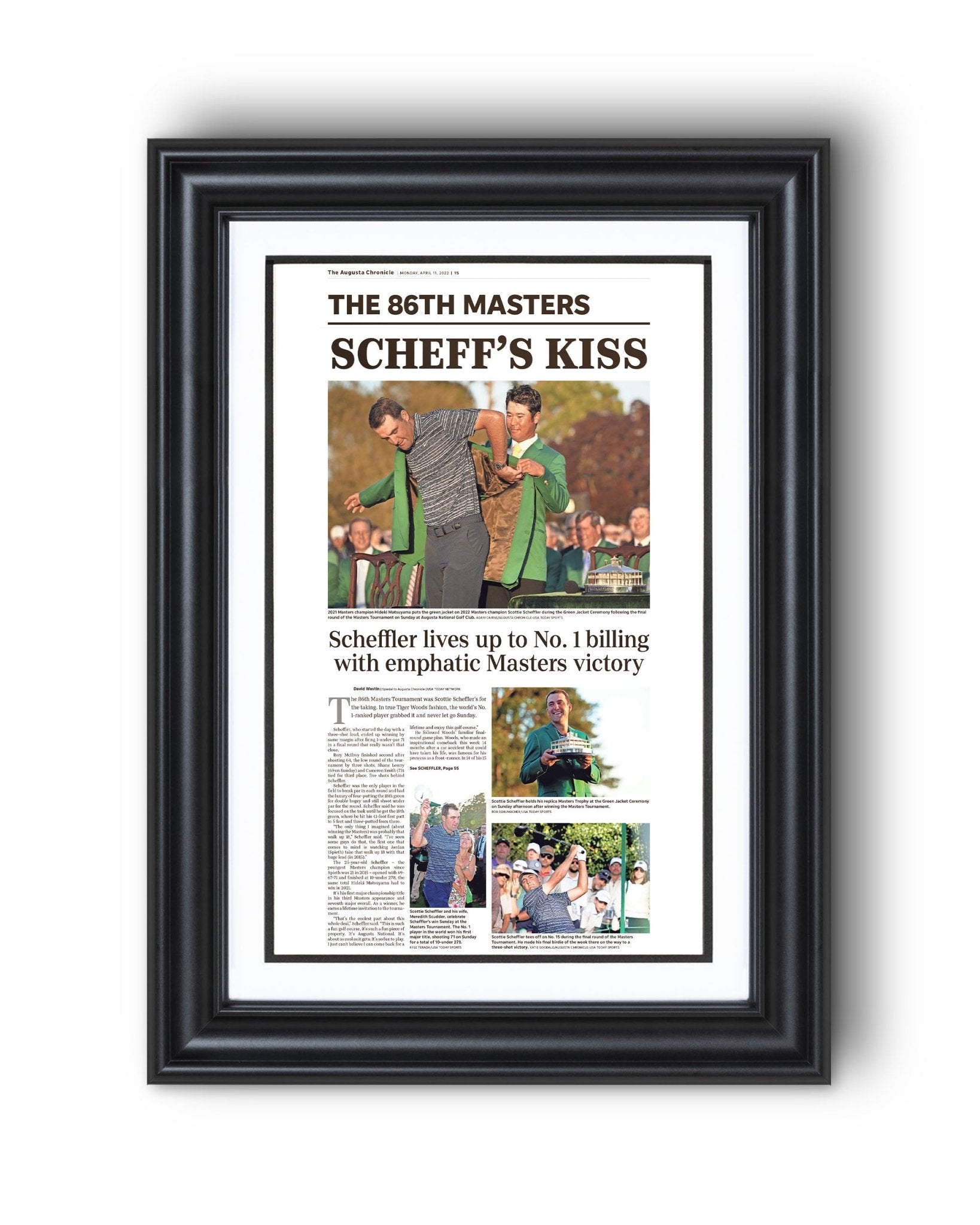 2022 Scottie Scheffler Masters Champion 'Scheff's Kiss' Framed Newspaper - TitleGameFrames.com