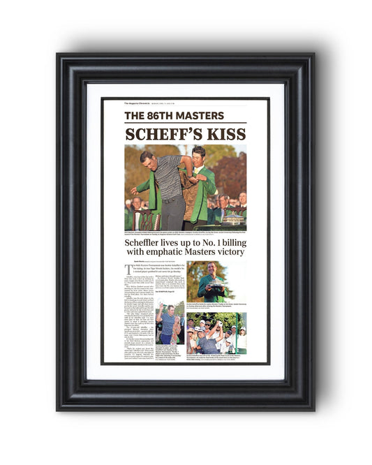 2022 Scottie Scheffler Masters Champion 'Scheff's Kiss' Framed Newspaper - TitleGameFrames.com