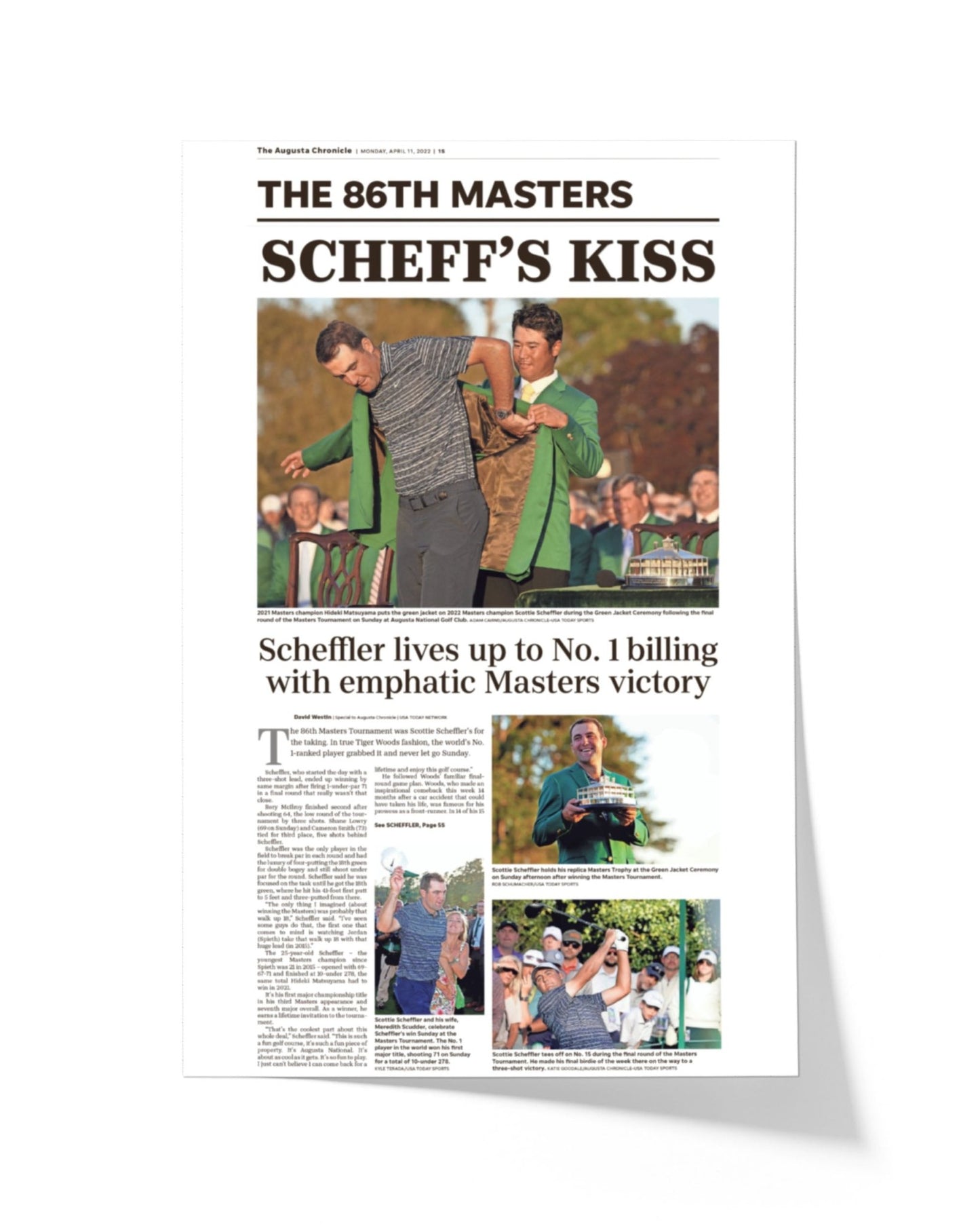 2022 Scottie Scheffler Masters Champion 'Scheff's Kiss' Framed Newspaper - TitleGameFrames.com