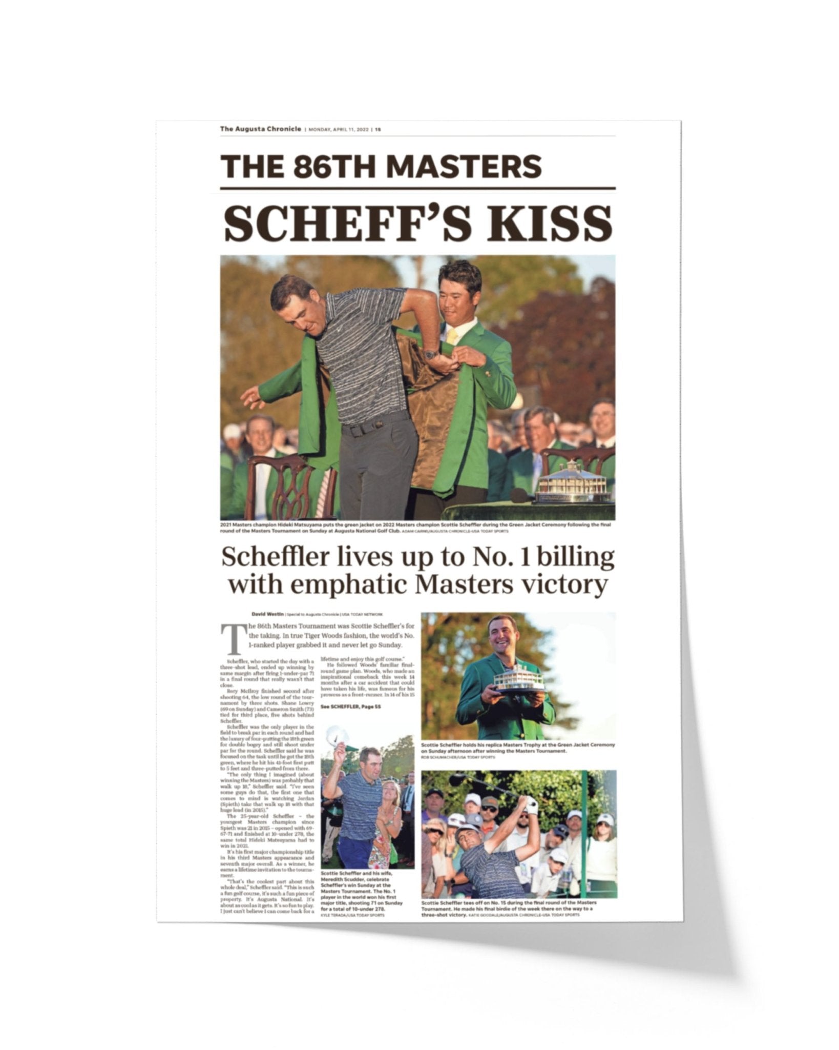 2022 Scottie Scheffler Masters Champion 'Scheff's Kiss' Framed Newspaper - TitleGameFrames.com