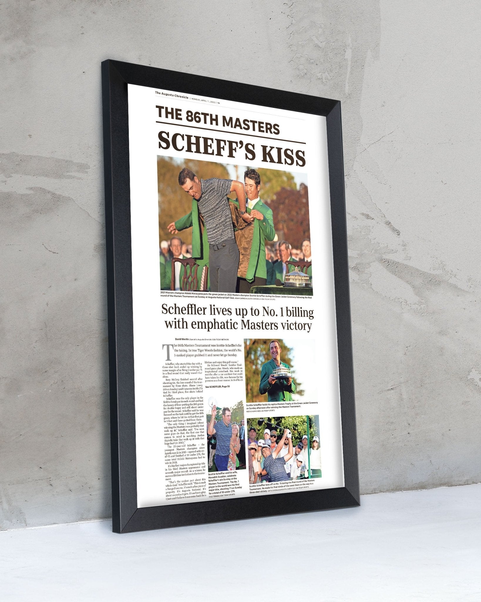 2022 Scottie Scheffler Masters Champion 'Scheff's Kiss' Framed Newspaper - TitleGameFrames.com
