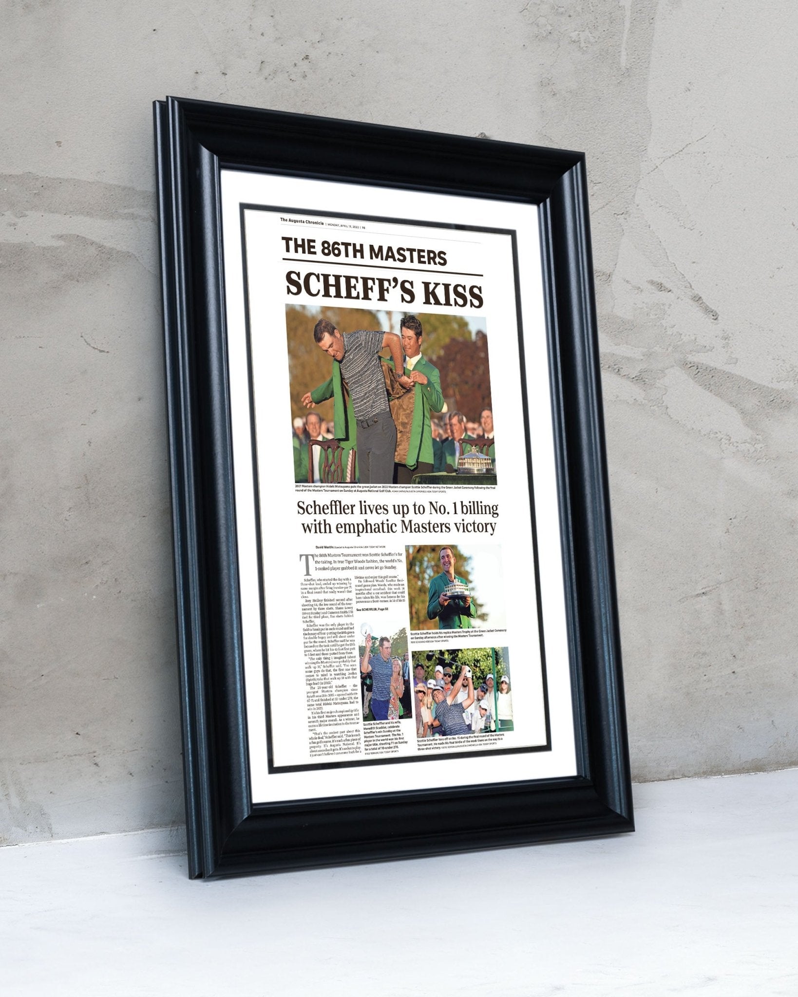 2022 Scottie Scheffler Masters Champion 'Scheff's Kiss' Framed Newspaper - TitleGameFrames.com