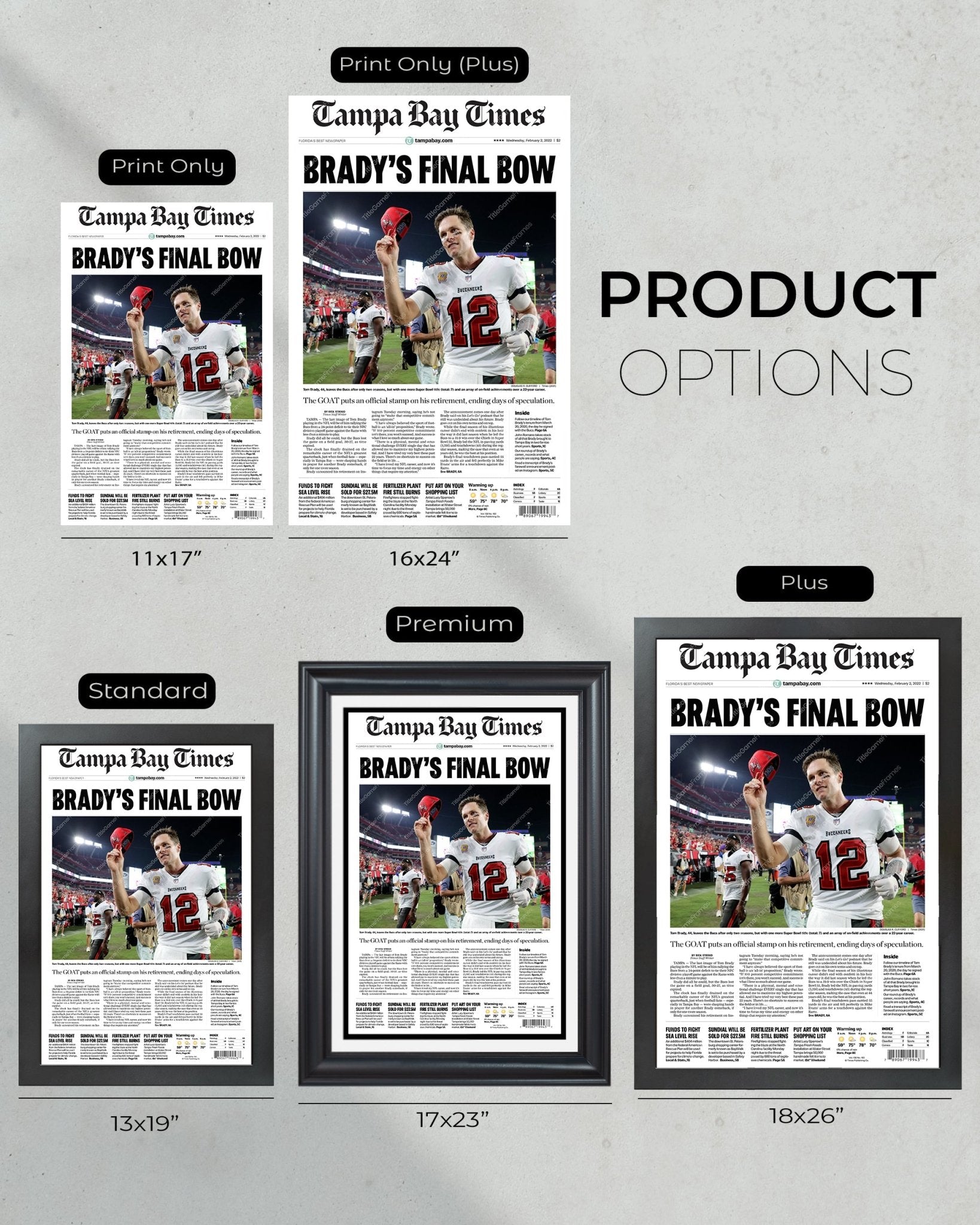 2022 Tom Brady Retirement Framed Front Page Newspaper Print - Title Game Frames