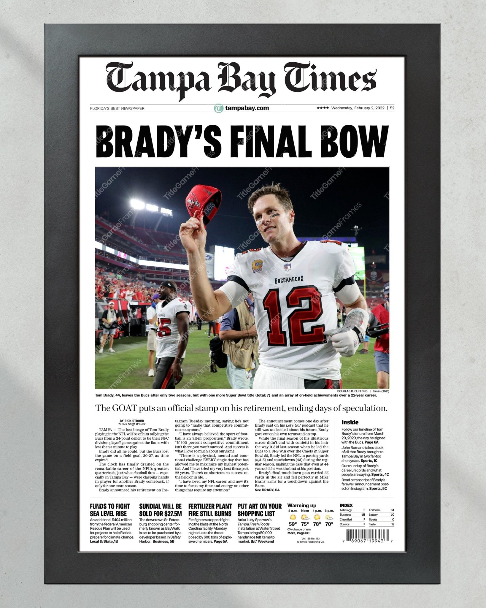 2022 Tom Brady Retirement Framed Front Page Newspaper Print - Title Game Frames
