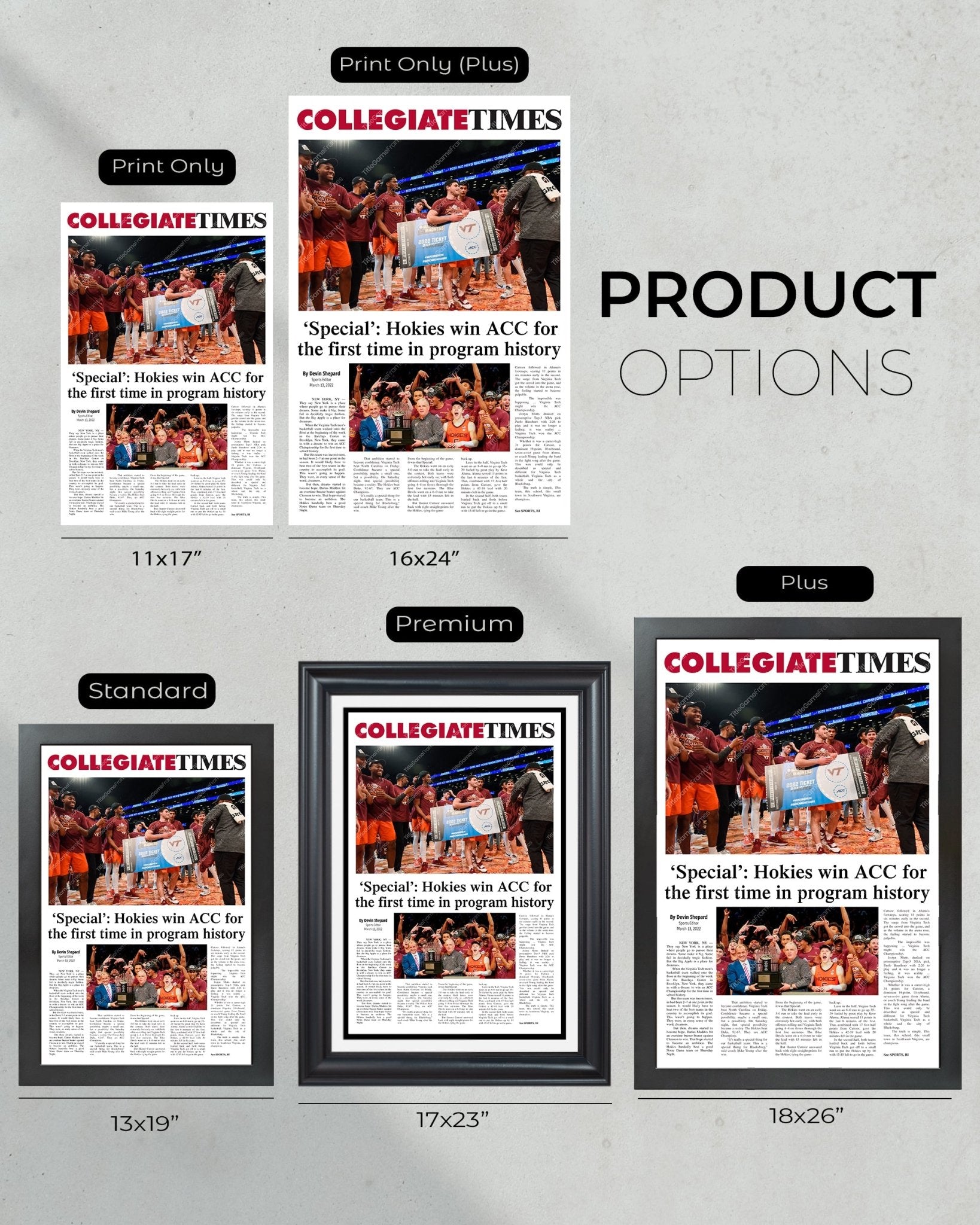 2022 Virginia Tech Hokies ACC NCAA Basketball Champions Framed Front Page Newspaper Print - Title Game Frames