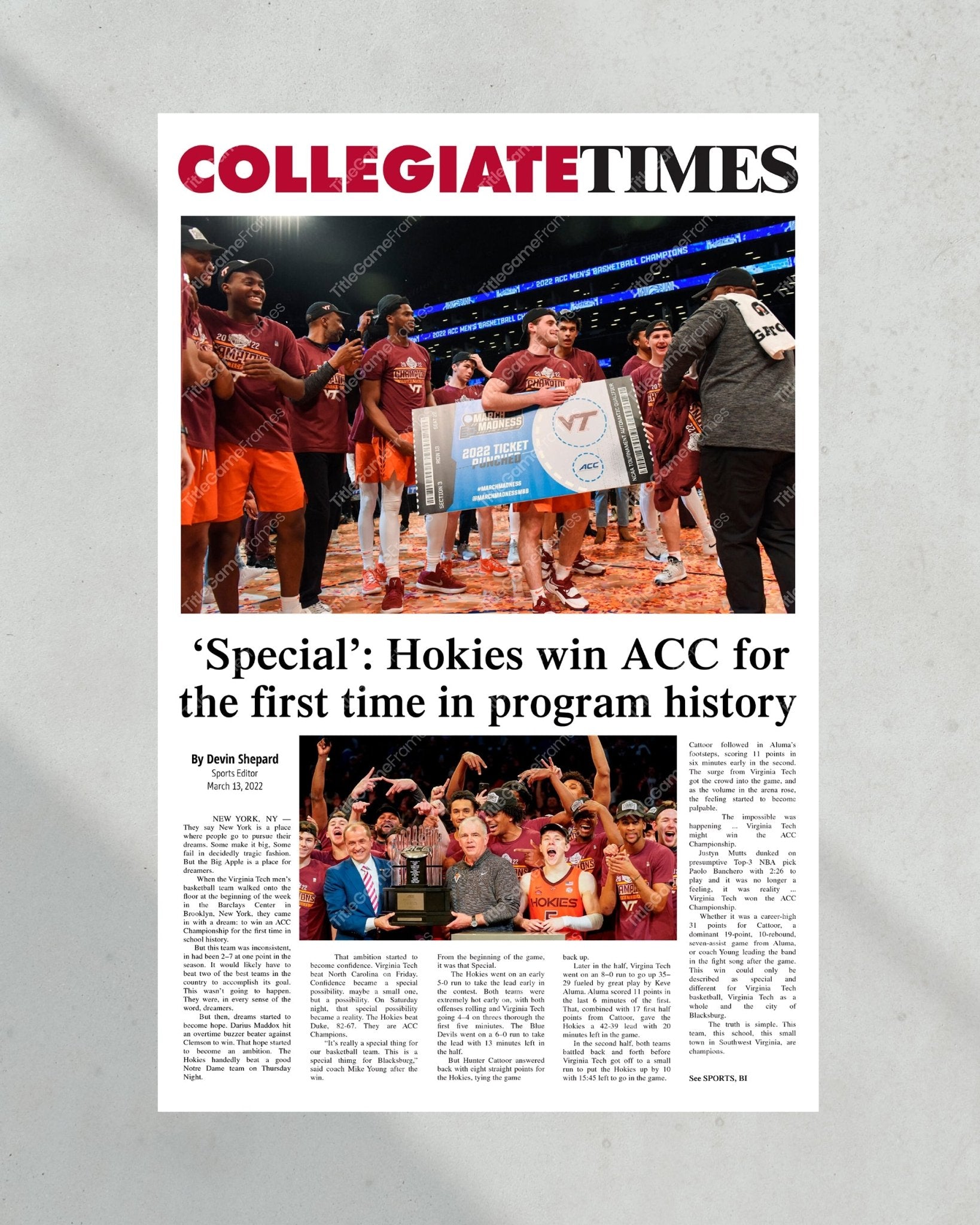 2022 Virginia Tech Hokies ACC NCAA Basketball Champions Framed Front Page Newspaper Print - Title Game Frames