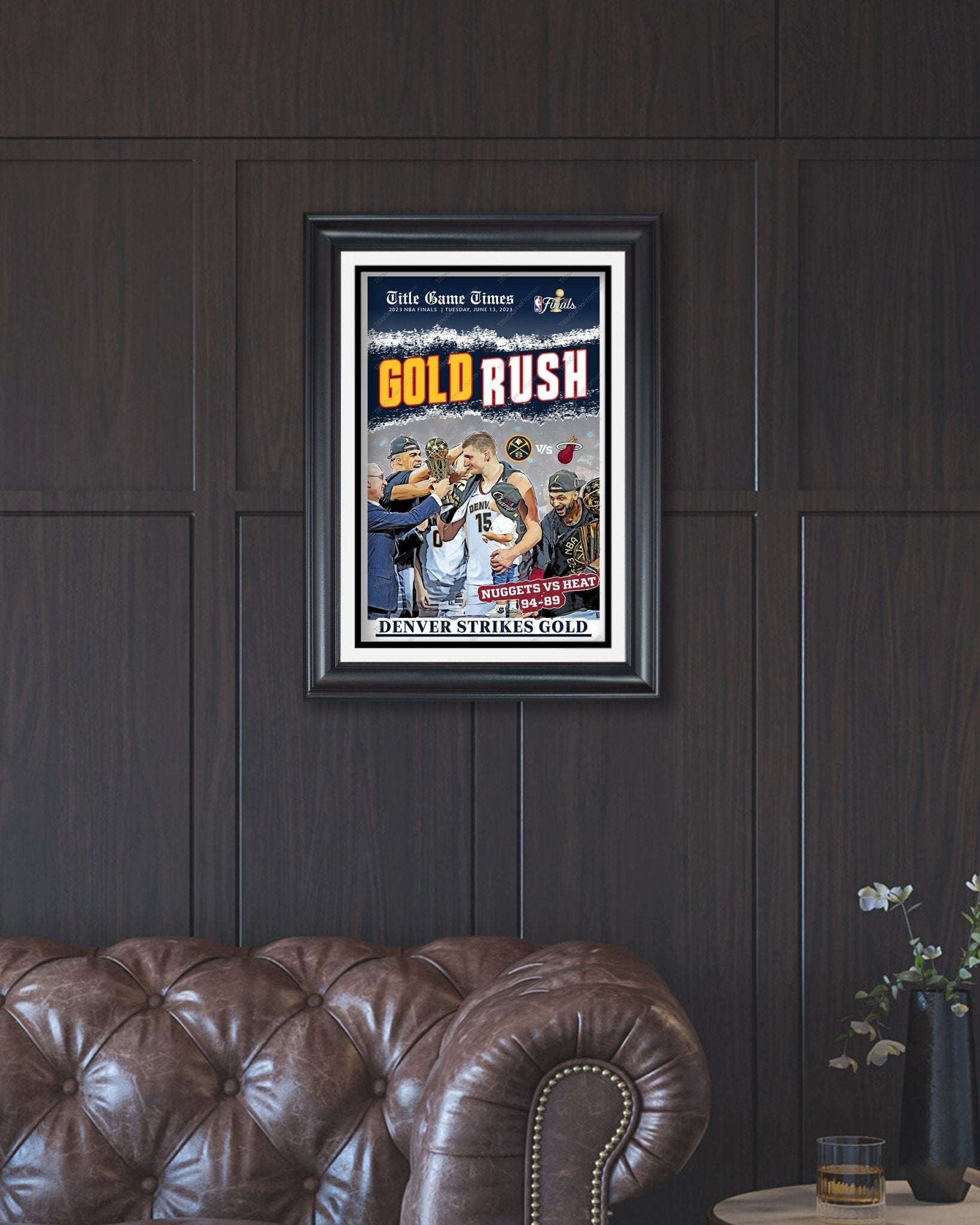 2023 Denver Nuggets NBA Champions 'GOLD RUSH' Framed Front Page Newspaper - TitleGameFrames.com