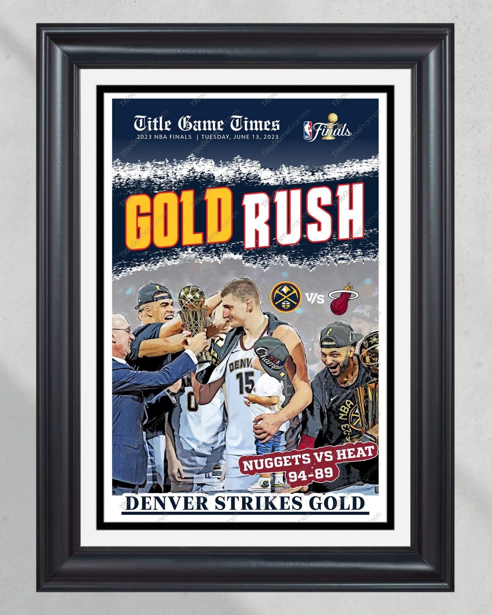 2023 Denver Nuggets NBA Champions 'GOLD RUSH' Framed Front Page Newspaper - TitleGameFrames.com