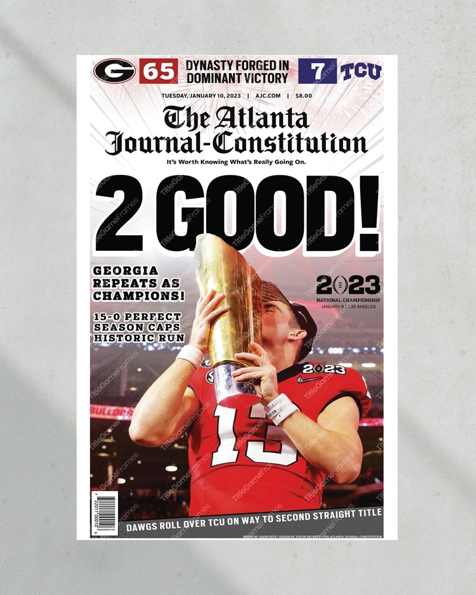 2023 Georgia Bulldogs '2 GOOD!' College Football National Champions Framed Front Page Newspaper Print - Title Game Frames