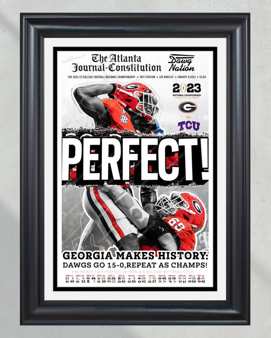 2023 Georgia Bulldogs 'PERFECT' College Football National Champions Framed Front Page Newspaper Print - TitleGameFrames.com