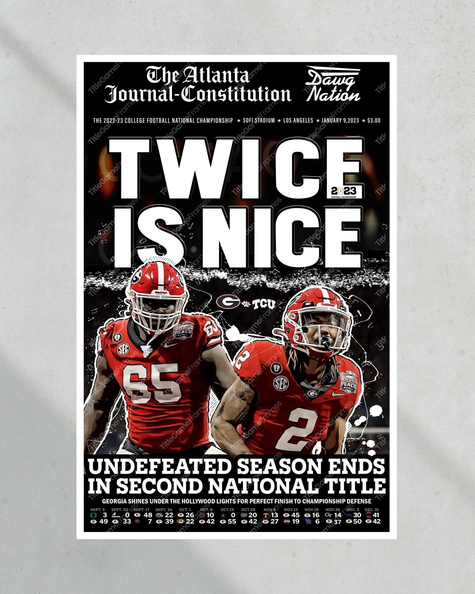 2023 Georgia Bulldogs 'Twice is Nice' College Football National Champions Framed Newspaper - TitleGameFrames.com