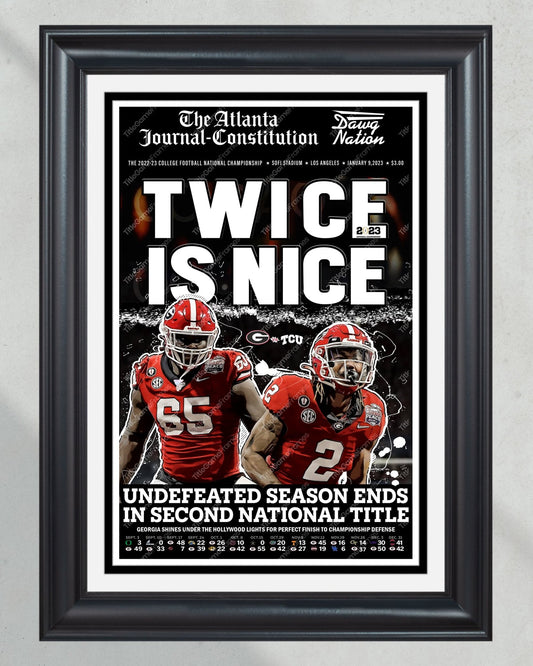 2023 Georgia Bulldogs 'Twice is Nice' College Football National Champions Framed Newspaper - TitleGameFrames.com