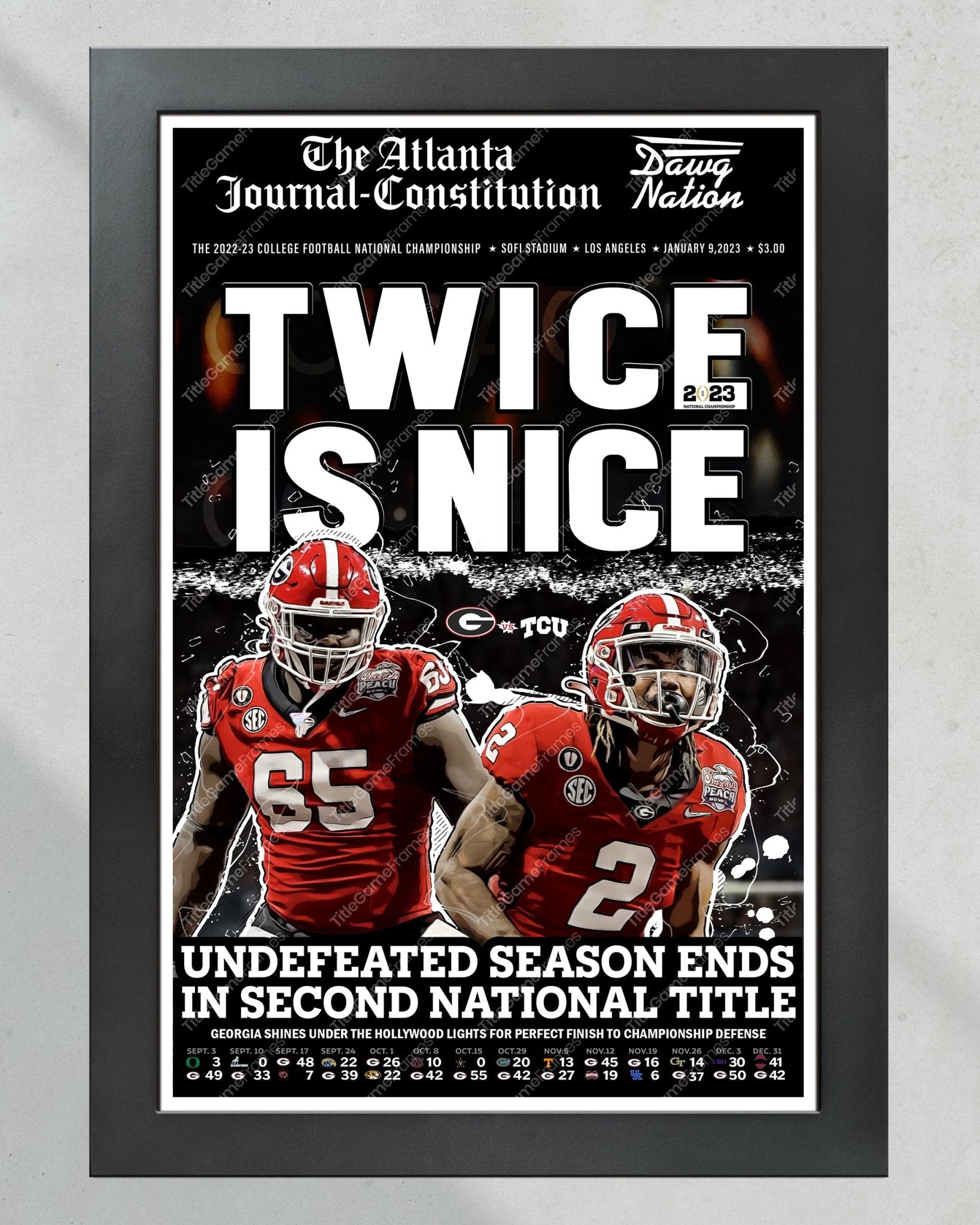 2023 Georgia Bulldogs 'Twice is Nice' College Football National Champions Framed Newspaper - TitleGameFrames.com