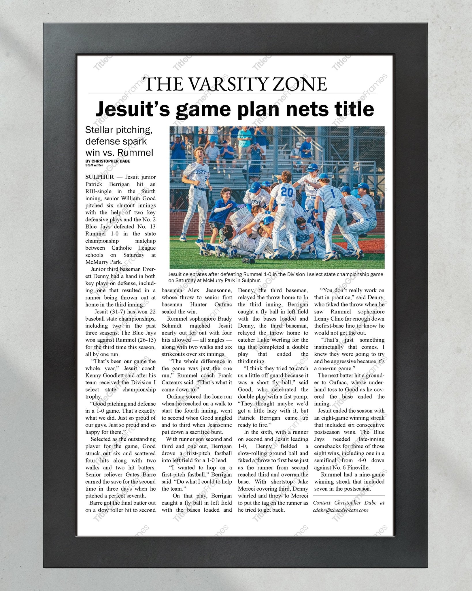 2023 Jesuit Baseball D1 State Championship Framed Newspaper - TitleGameFrames.com