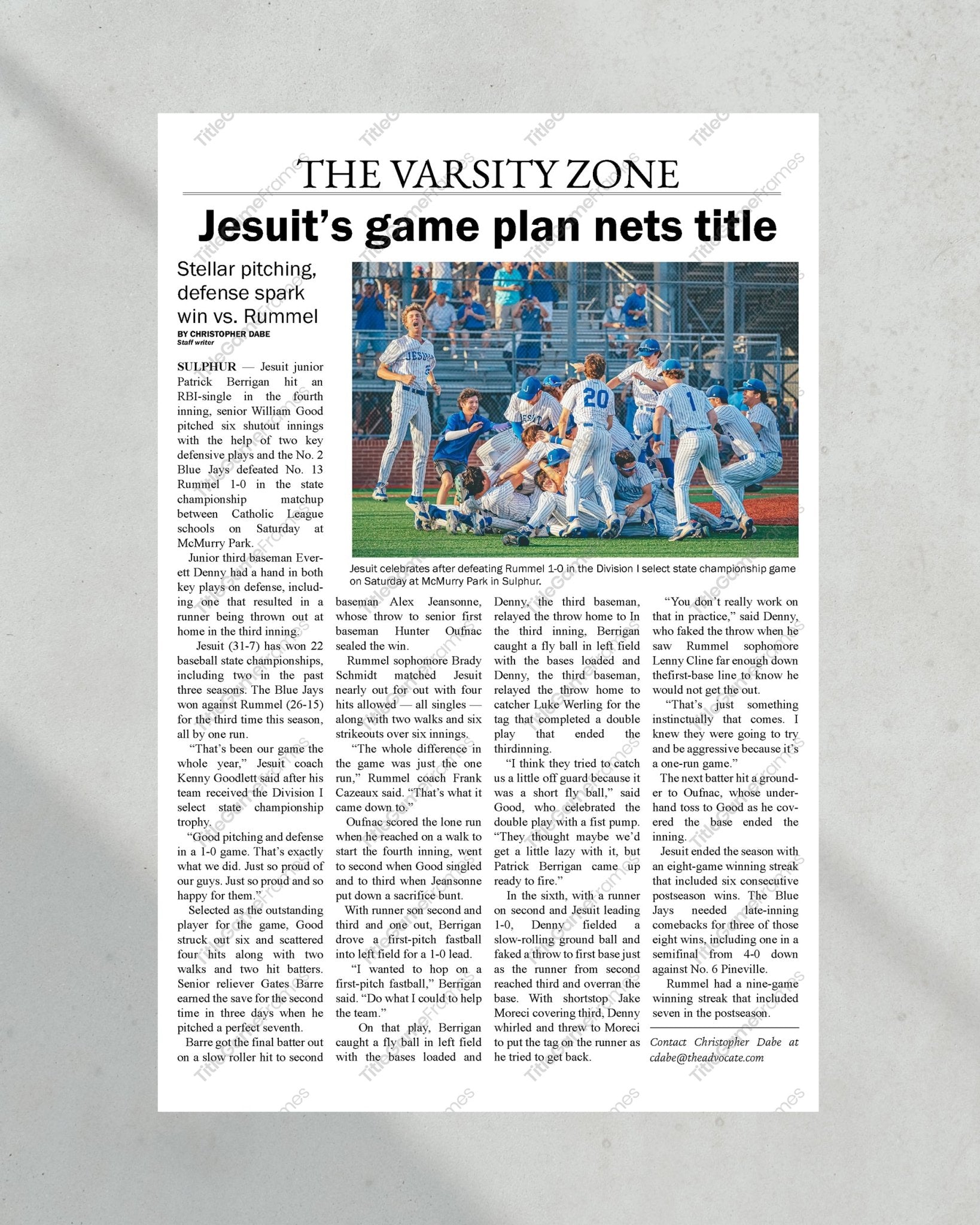 2023 Jesuit Baseball D1 State Championship Framed Newspaper - TitleGameFrames.com
