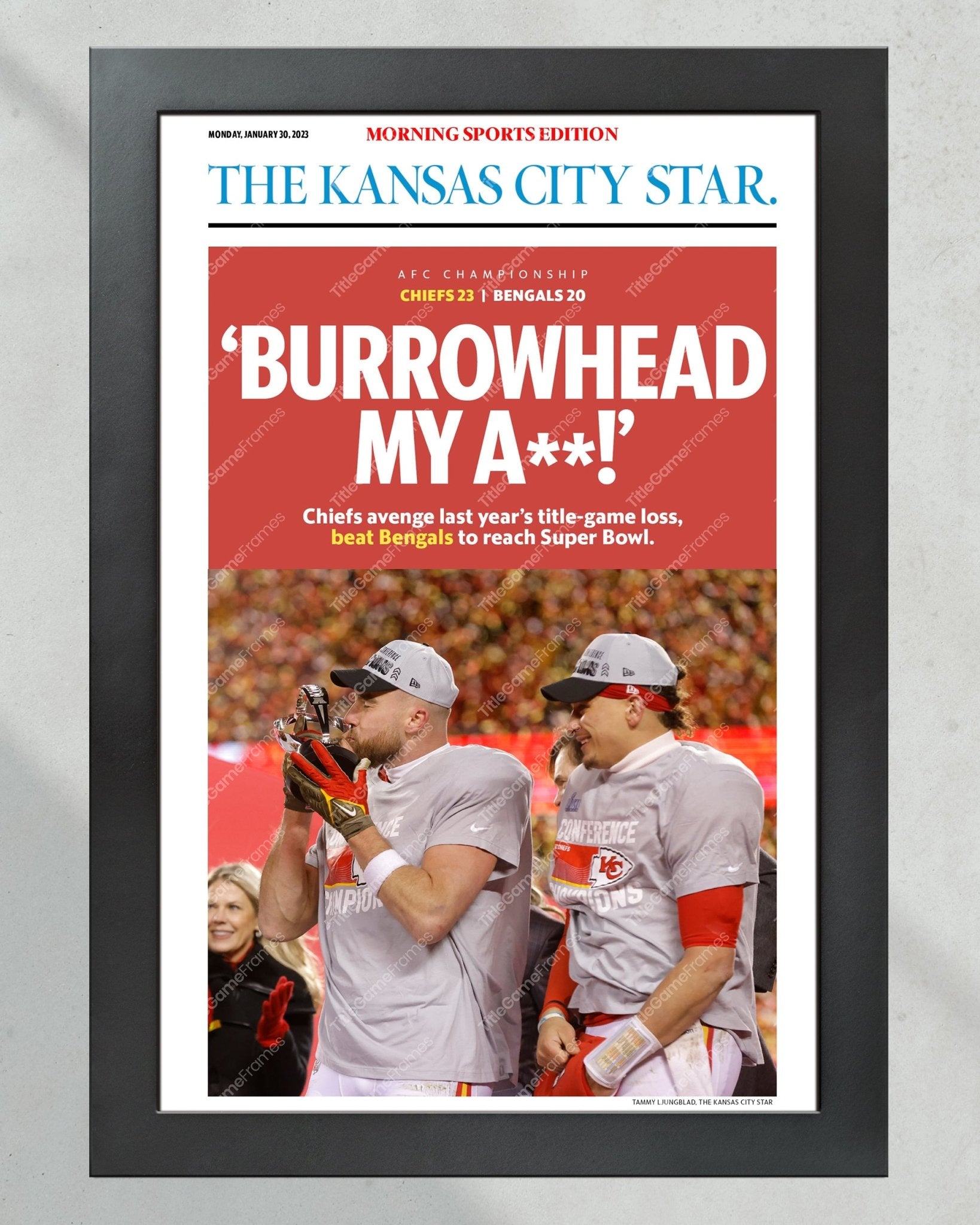 2023 Kansas City Chiefs “Burrowhead” AFC Championship Game Framed Front Page Newspaper - TitleGameFrames.com