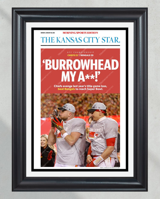 2023 Kansas City Chiefs “Burrowhead” AFC Championship Game Framed Front Page Newspaper - TitleGameFrames.com