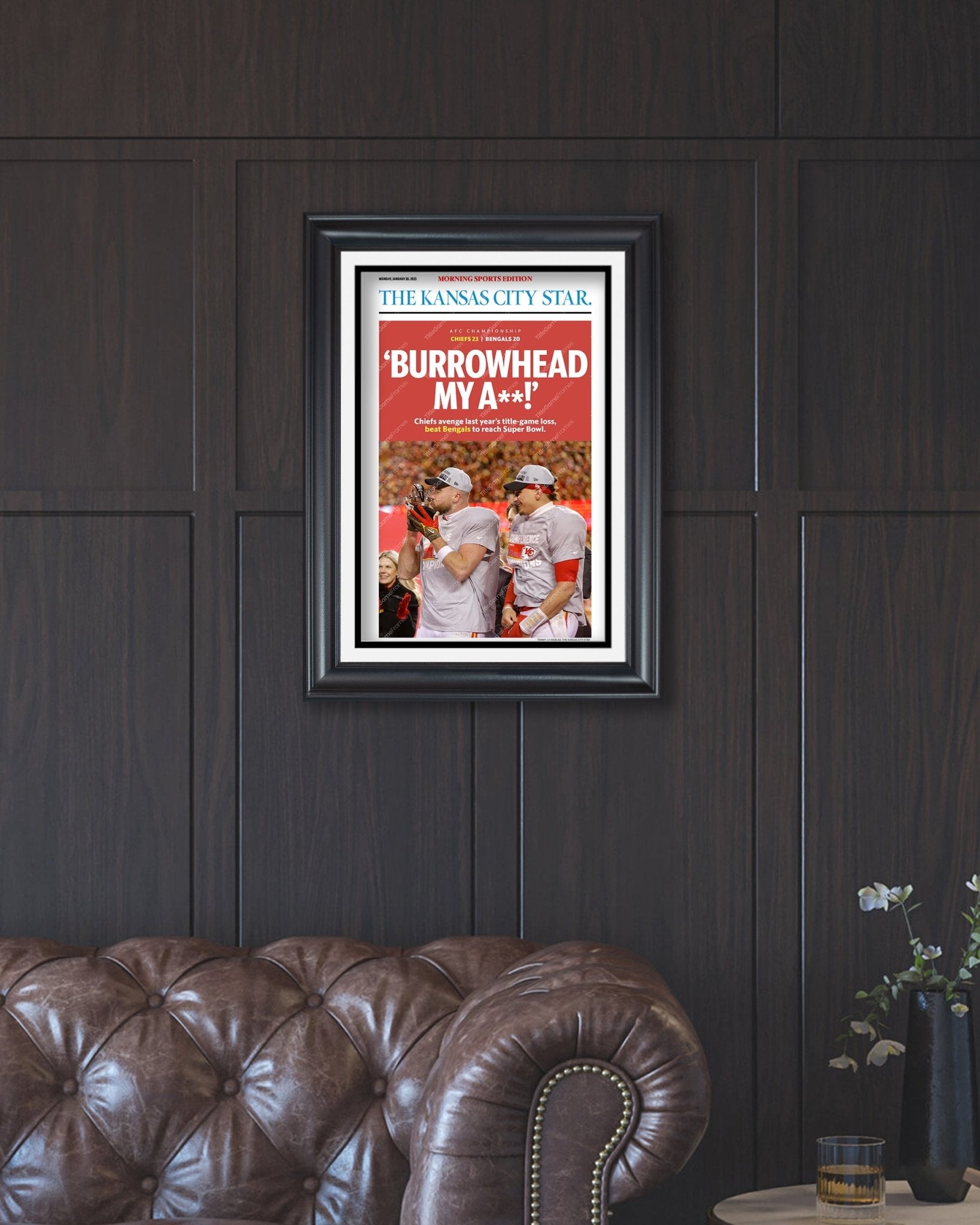 2023 Kansas City Chiefs “Burrowhead” AFC Championship Game Framed Front Page Newspaper - TitleGameFrames.com