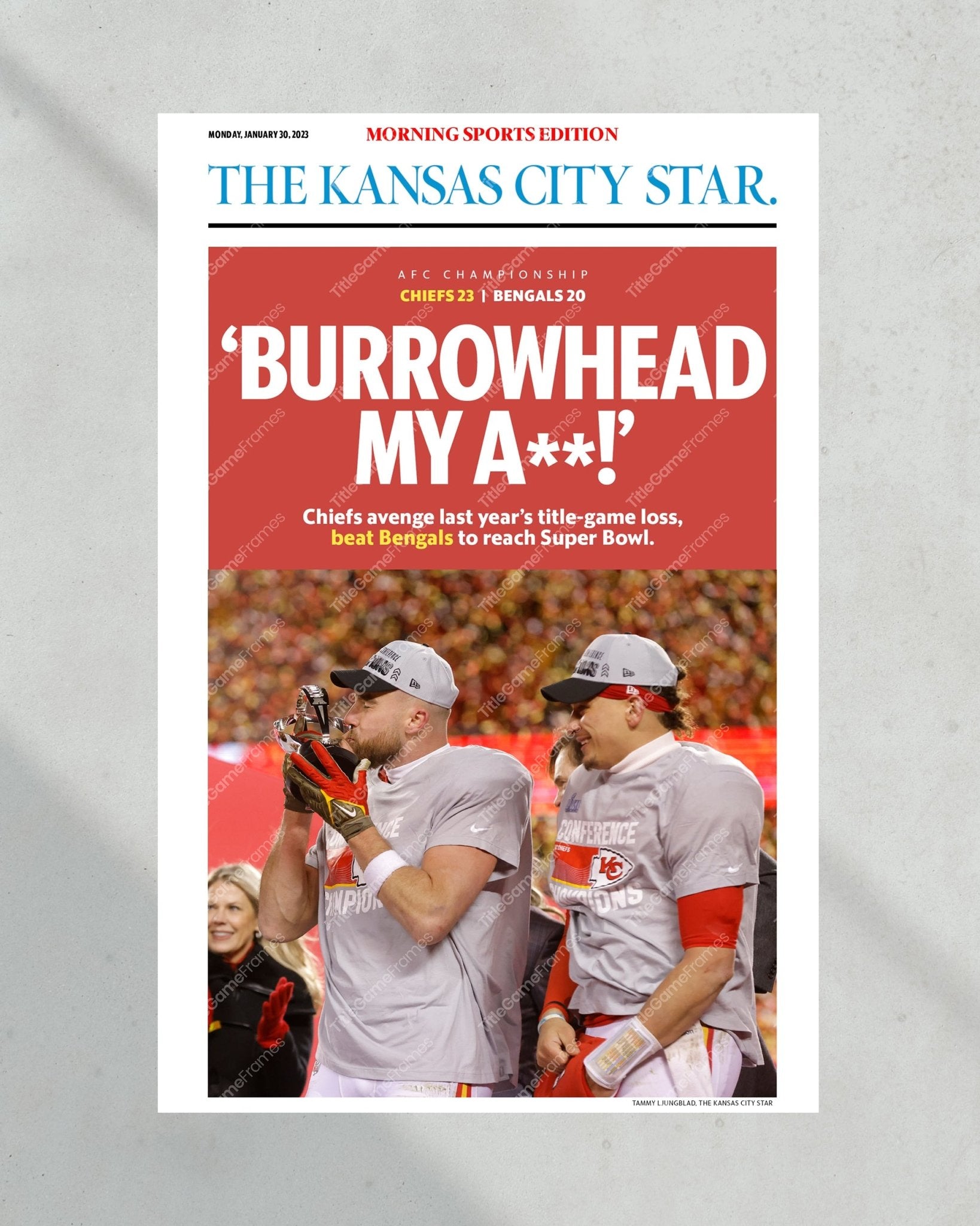 2023 Kansas City Chiefs “Burrowhead” AFC Championship Game Framed Front Page Newspaper - TitleGameFrames.com