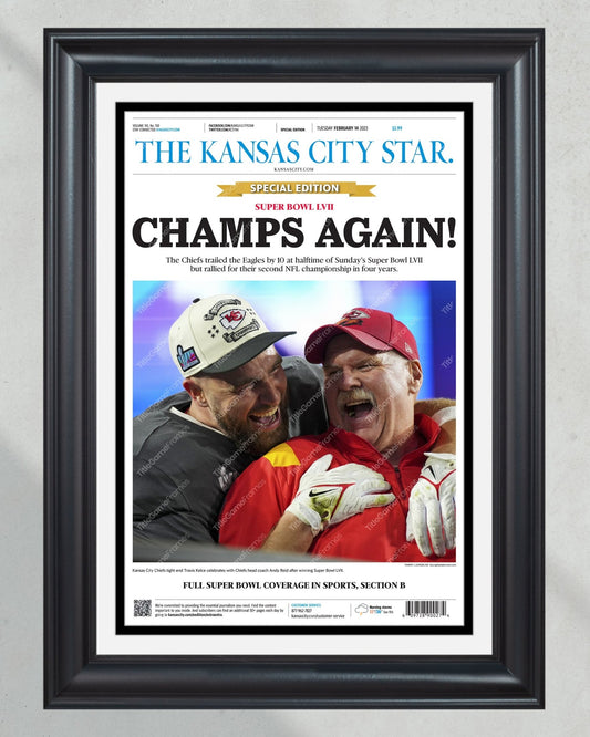 2023 Kansas City Chiefs “CHAMPS AGAIN!” Super Bowl LVII Champions Framed Front Page Newspaper - TitleGameFrames.com