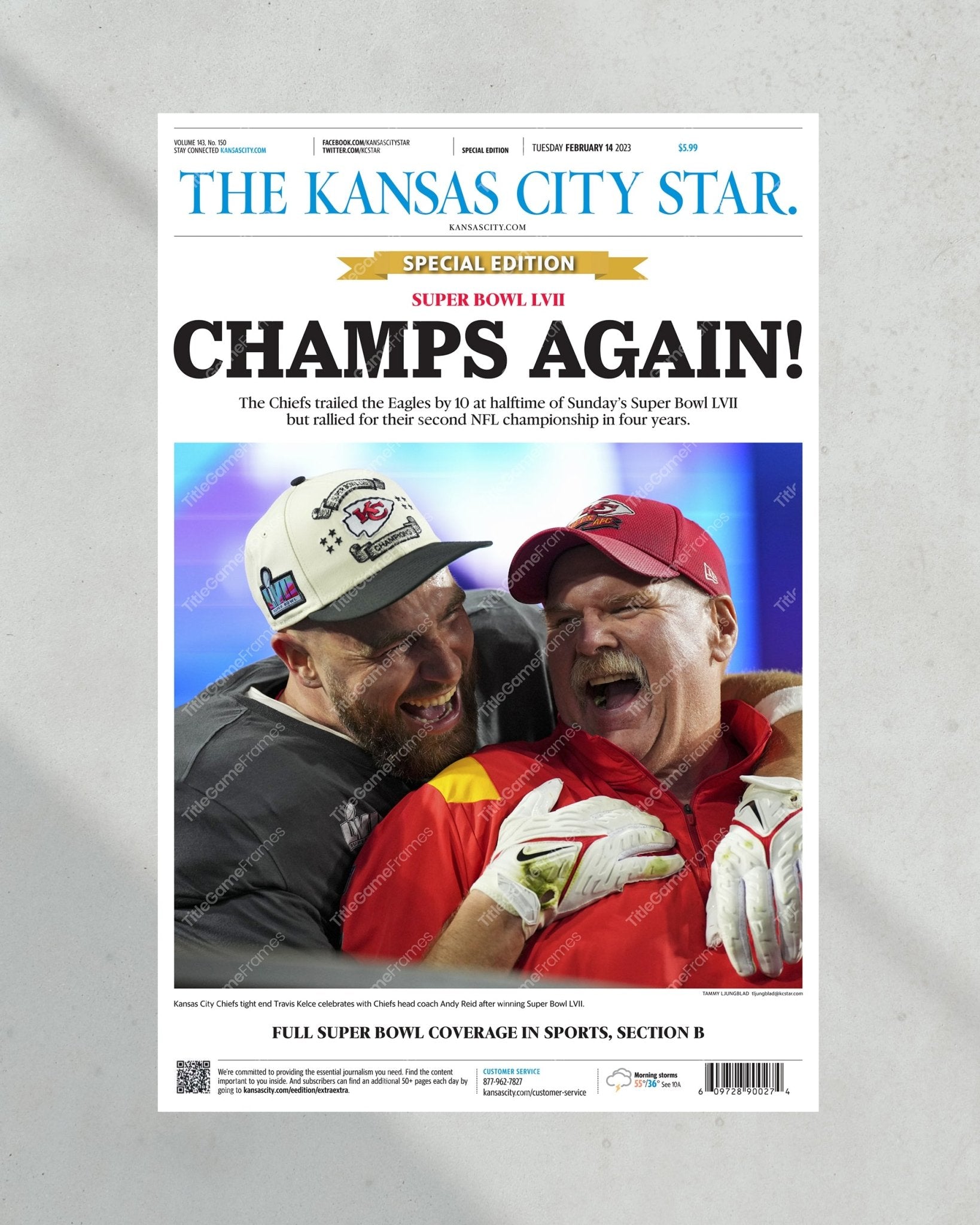 2023 Kansas City Chiefs “CHAMPS AGAIN!” Super Bowl LVII Champions Framed Front Page Newspaper - TitleGameFrames.com