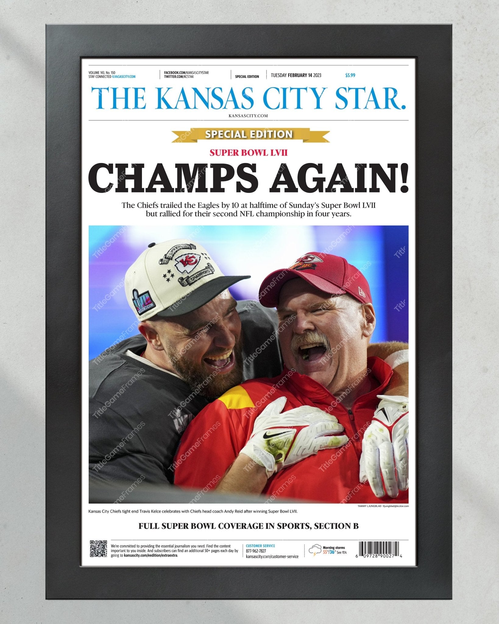 2023 Kansas City Chiefs “CHAMPS AGAIN!” Super Bowl LVII Champions Framed Front Page Newspaper - TitleGameFrames.com