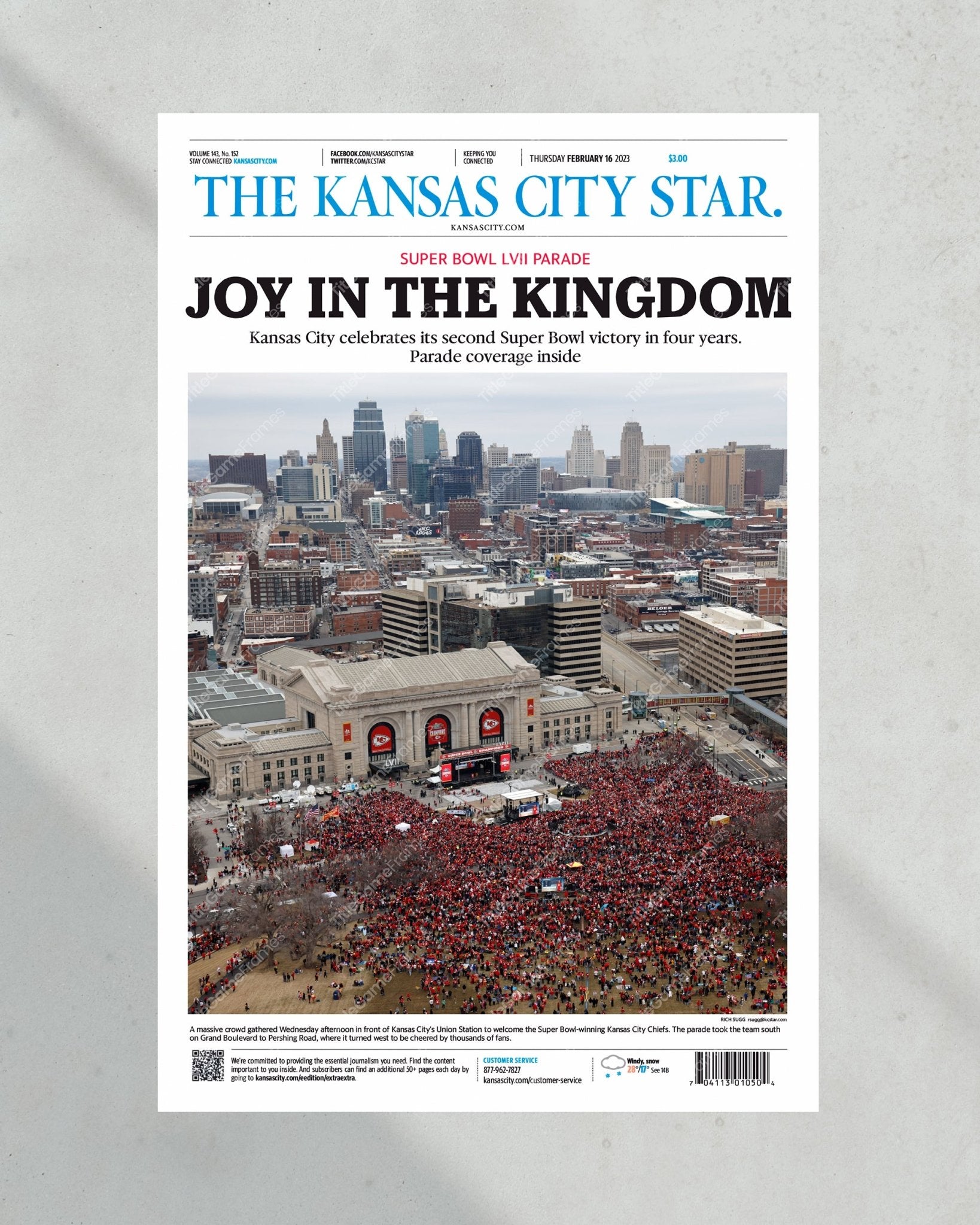 2023 Kansas City Chiefs “Joy in the Kingdom” Super Bowl LVII Championship Parade Framed Front Page Newspaper - TitleGameFrames.com